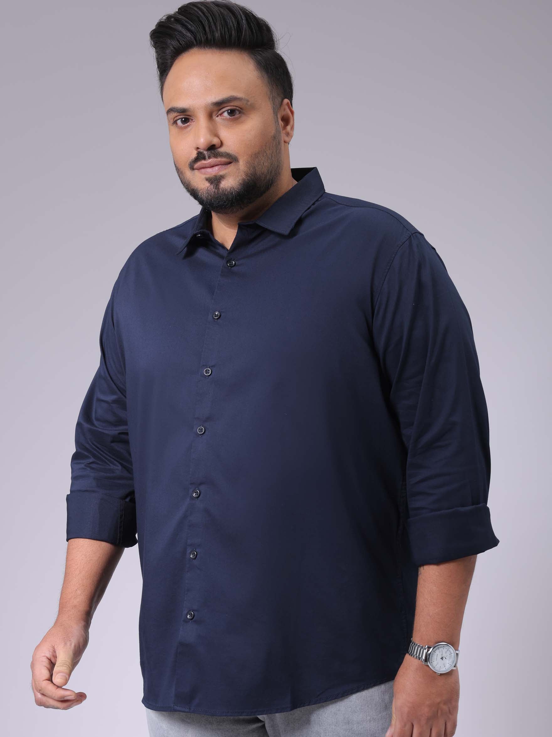 HARDSODA Men's Plus Size Navy Blue Regular Fit Solid Casual Shirt - view 4