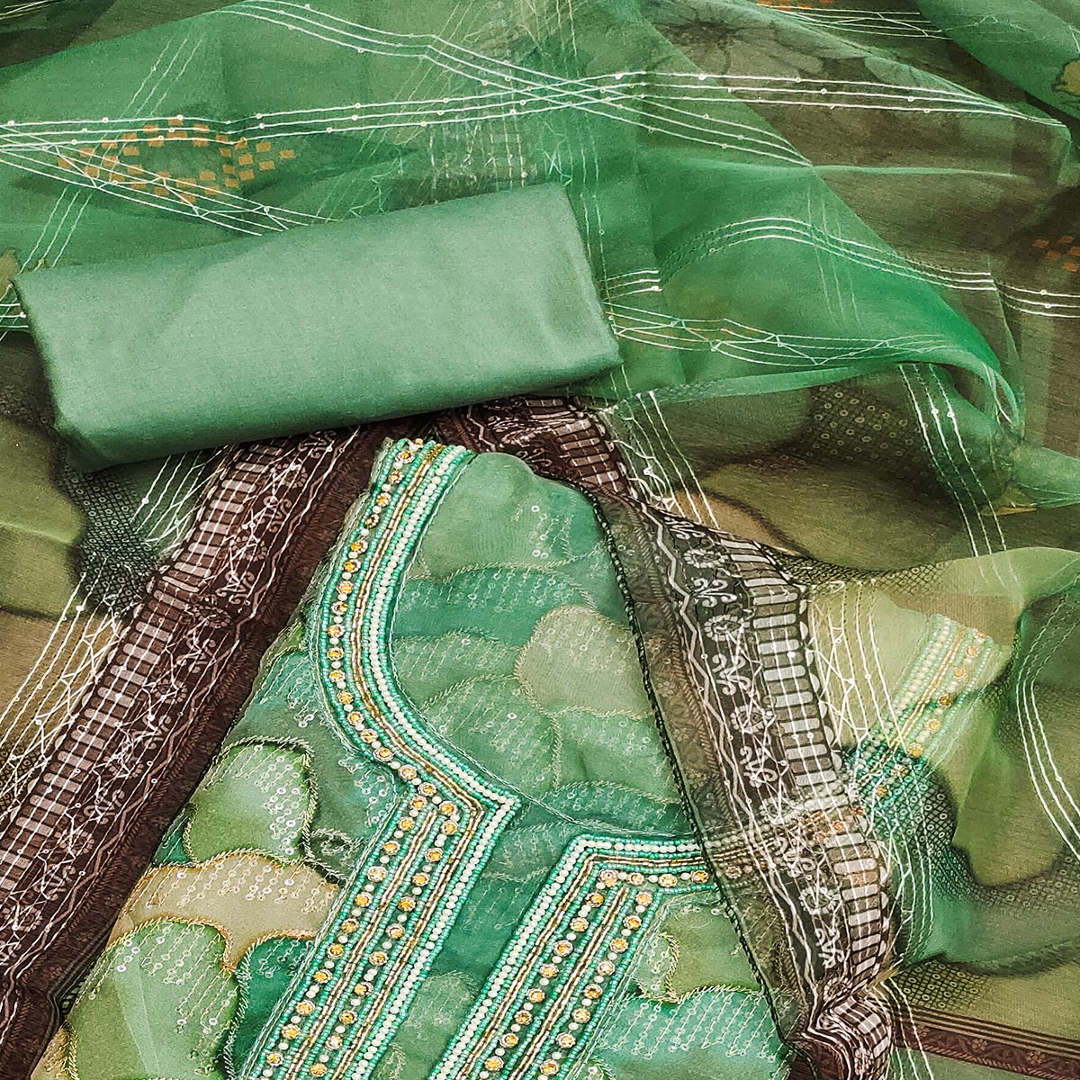 BlackTree green-sequins-embroidered-organza-dress-material-2 - view 2
