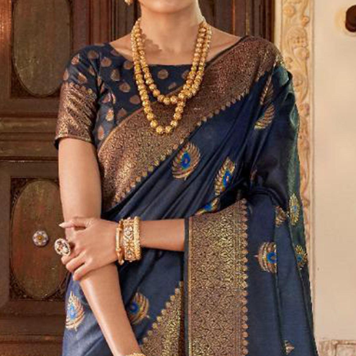 Peachmode Lovely Navy Blue Colored Festive Wear Woven Silk Saree - view 2