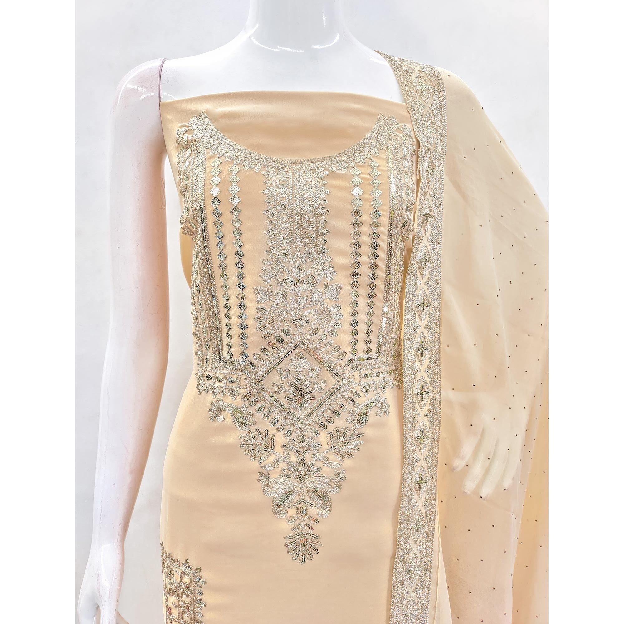 Peachmode Chikoo Floral Sequins Embroidered Georgette Dress Material - view 6