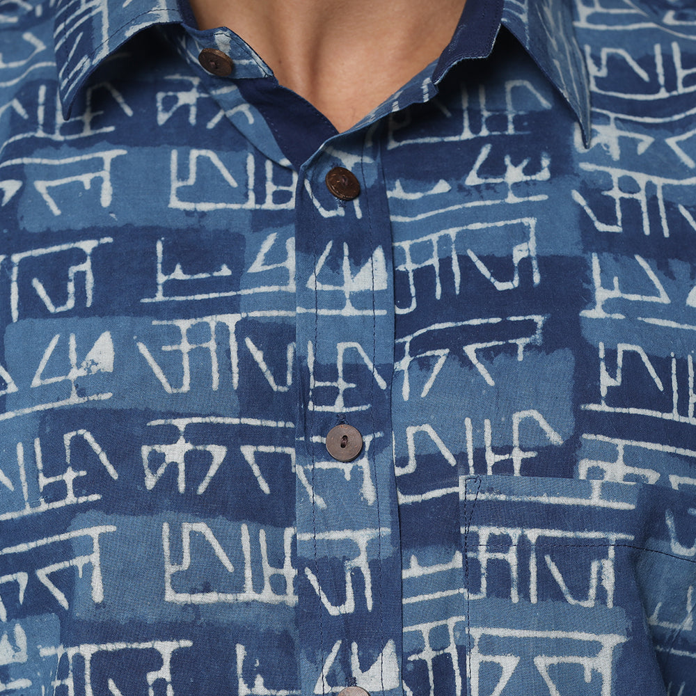 BINDAAS UNLIMITED Blue - Bindaas Block Printed Natural Dyed Cotton Men Half Sleeve Shirt - view 3
