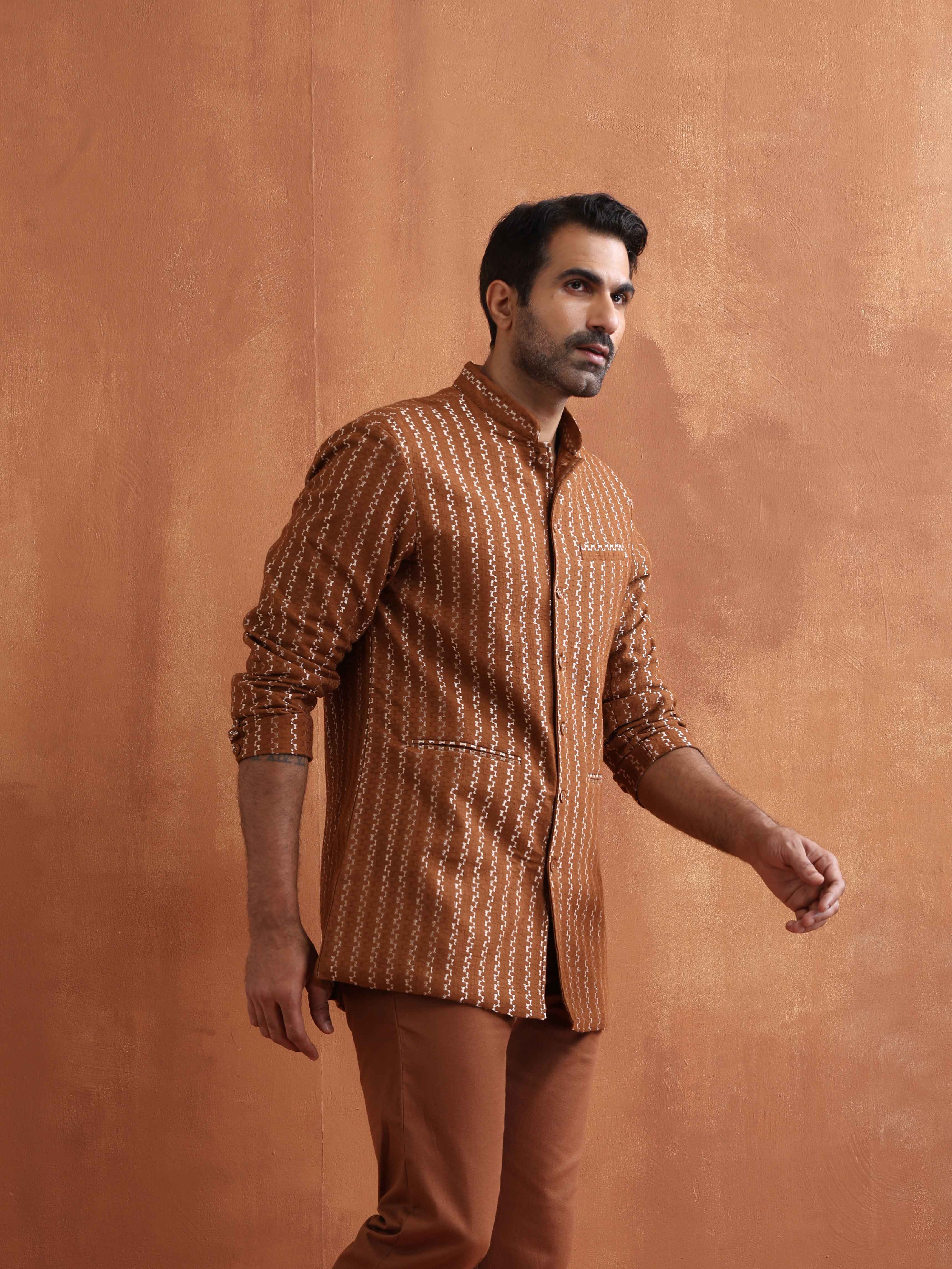 trueBrowns Men's Brown Cotton Dobby Long Jacket - view 2