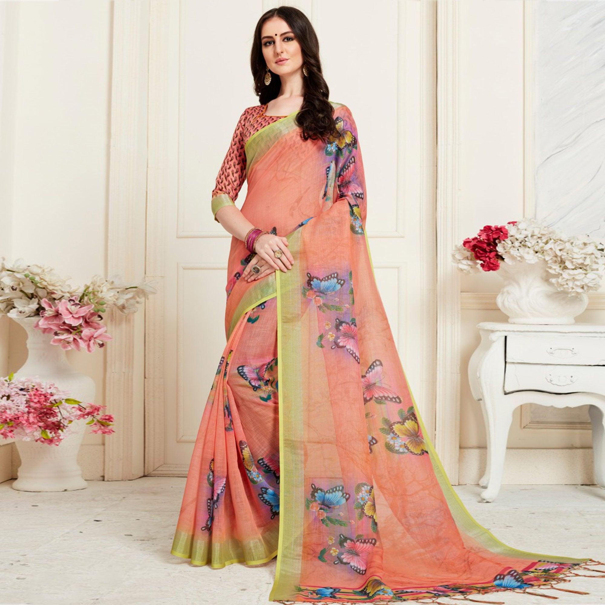 Peachmode Classy Peach Colored Casual Butterfly Digital Printed Linen Saree
