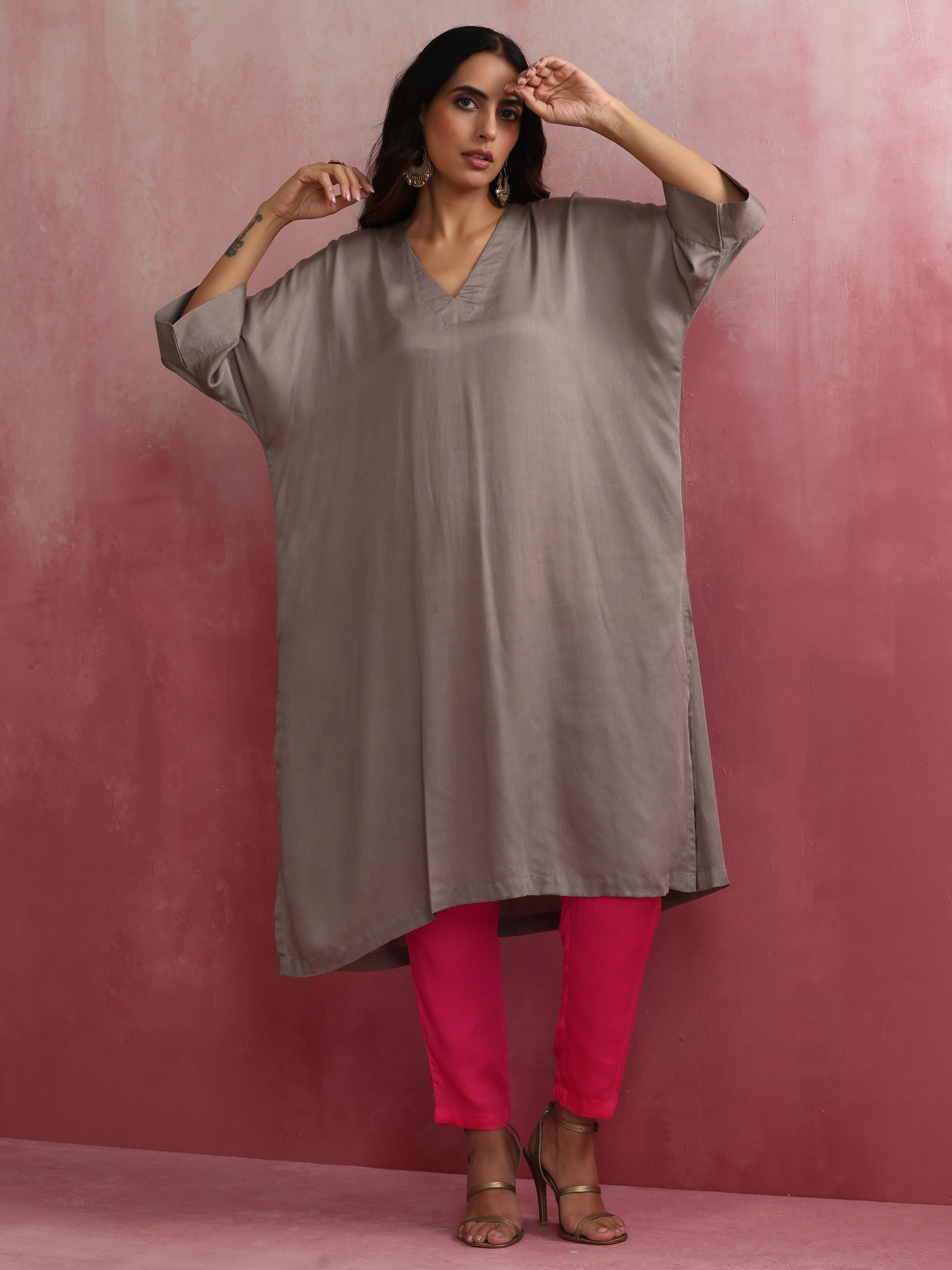 trueBrowns Grey Modal Kimono Kurta Set