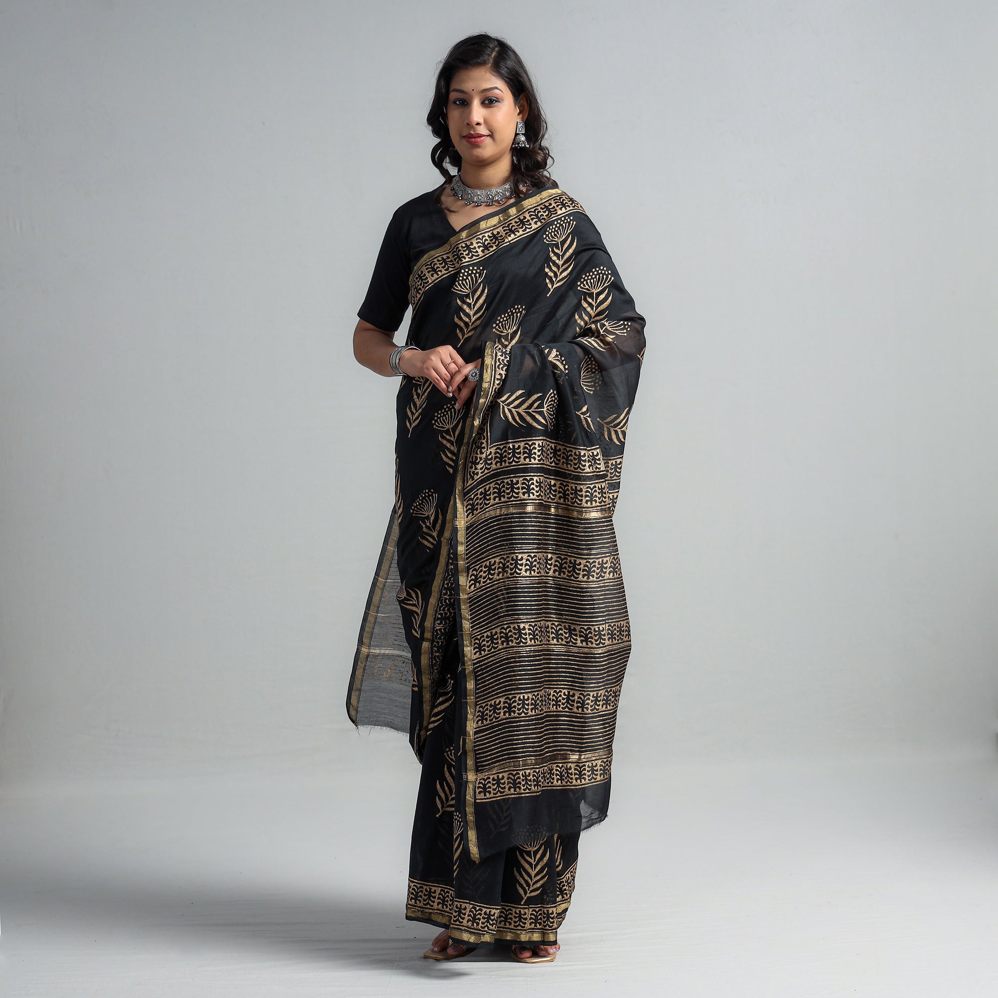 HAVELI CHRONICLES Black - Block Printed Chanderi Silk Sanganeri Saree