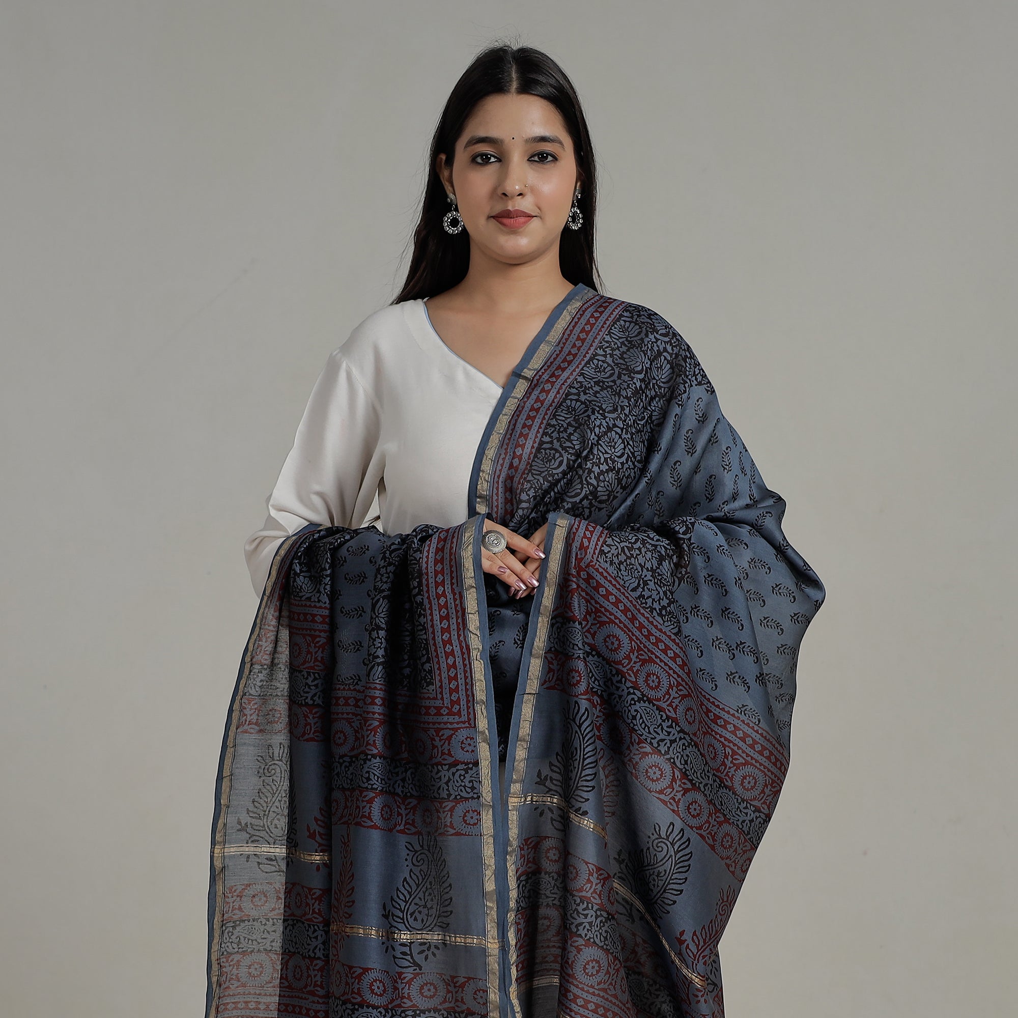BAGH PRINTS BY YAKOOB KHATRI Blue - Block Printed Chanderi Silk Bagh Dupatta 35 - view 3