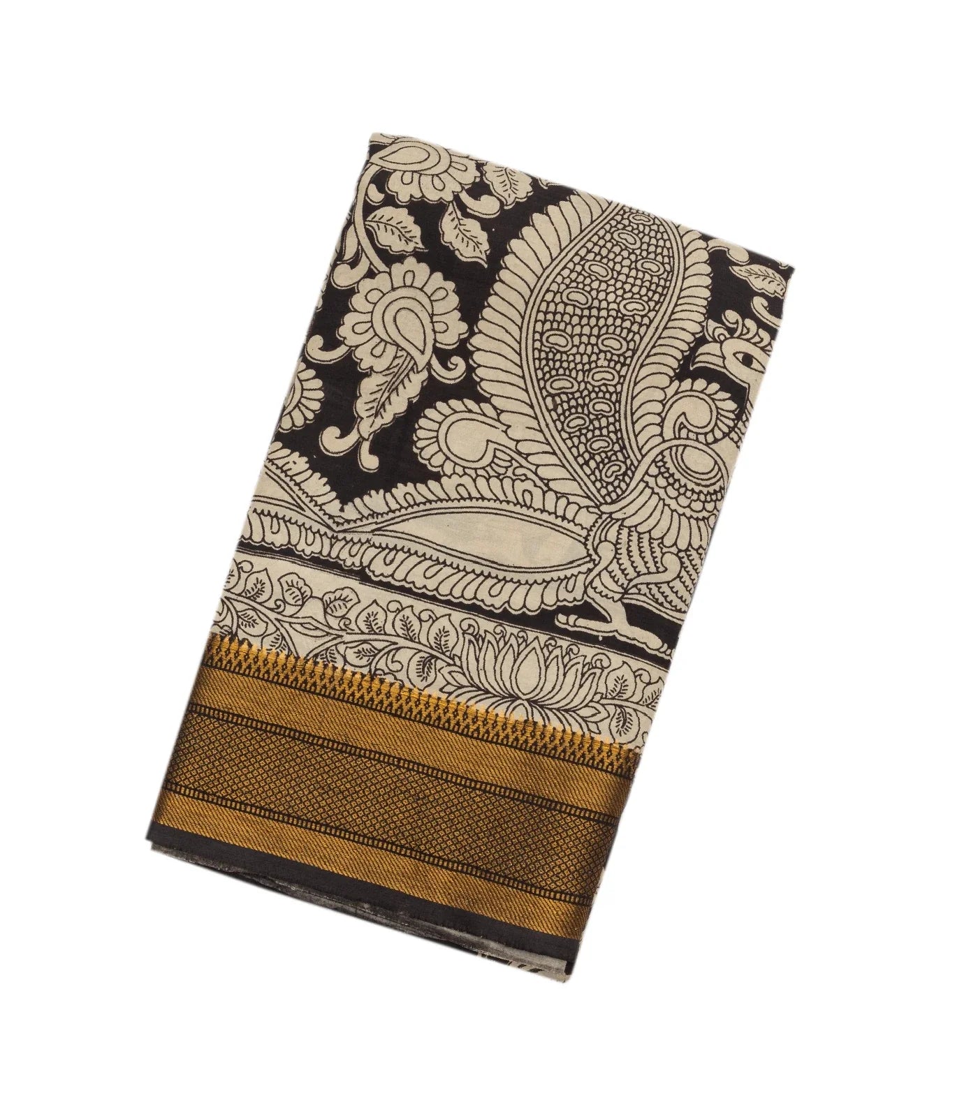 RmKV Black Handloom Kalamkari Cotton Saree With Printed Annam Motifs