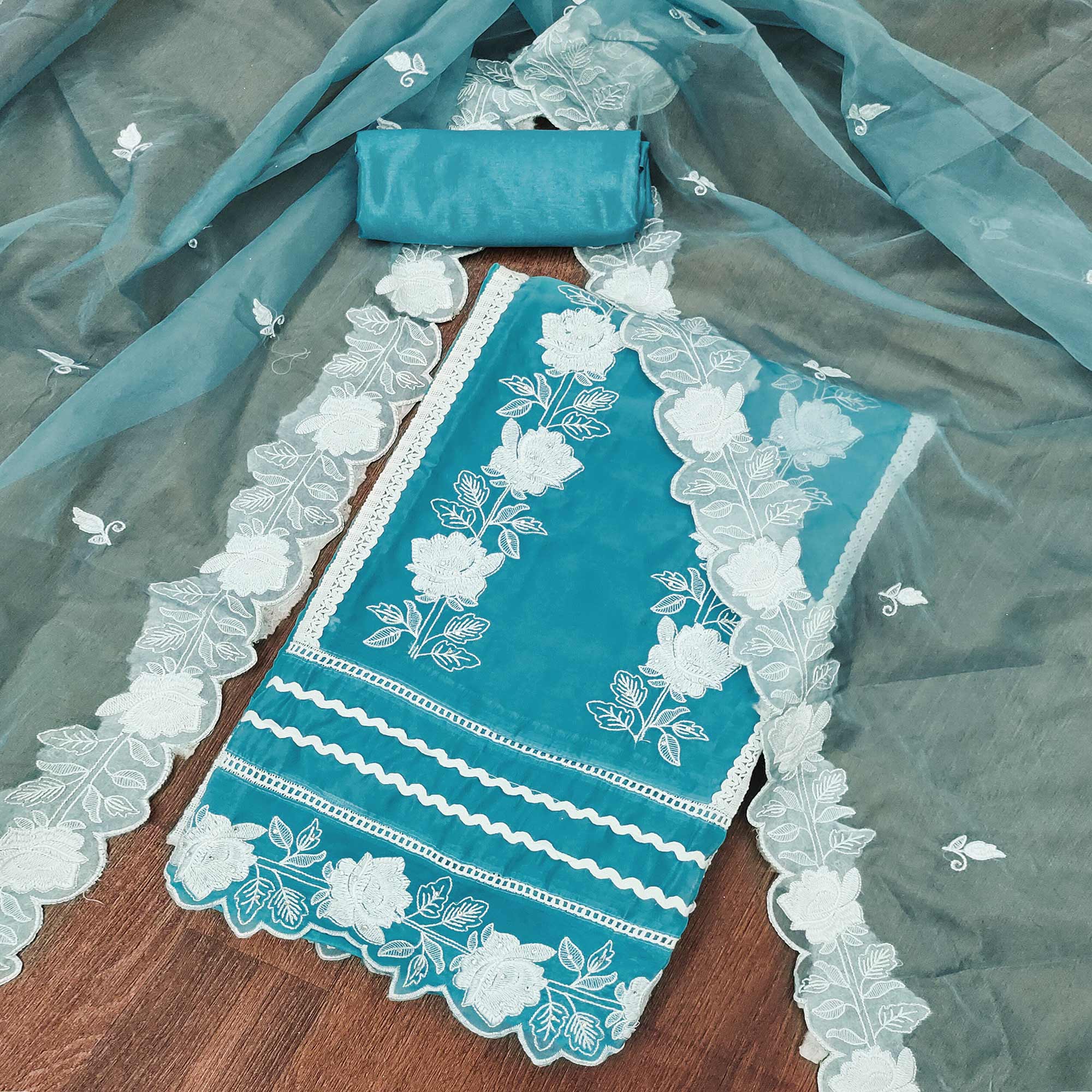 Peachmode Blue Floral Embroidery With Stonework Organza Dress Material