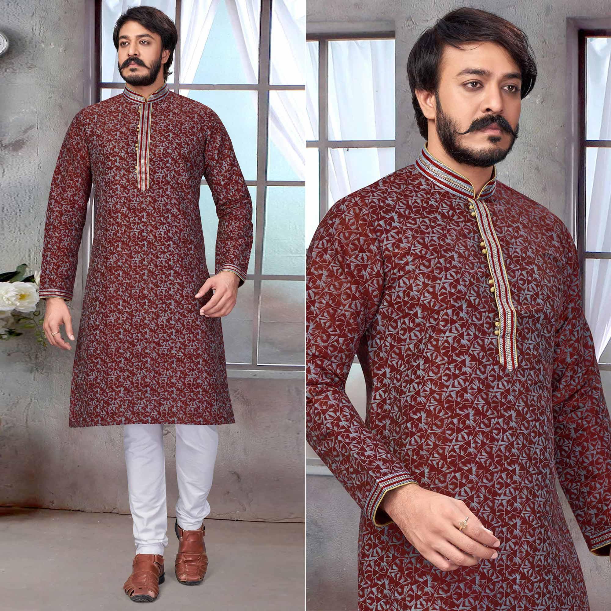 Peachmode Seller Maroon Printed Jacquard Kurta Pyjama Set