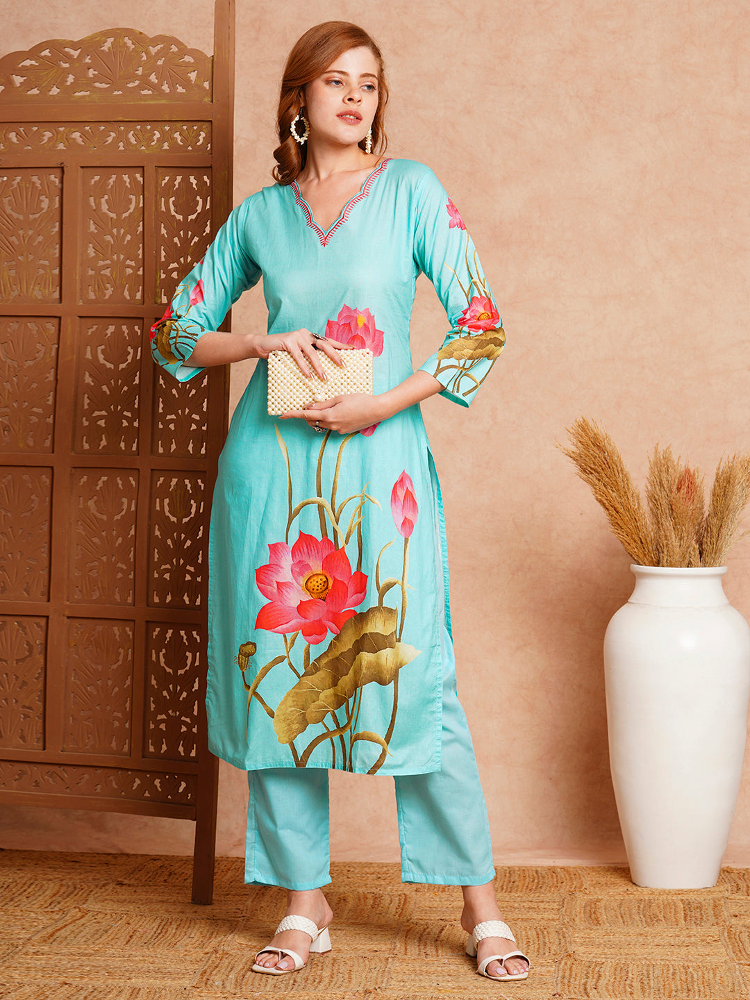FASHOR Floral Printed Straight Fit Kurta with Pant - Blue - view 2