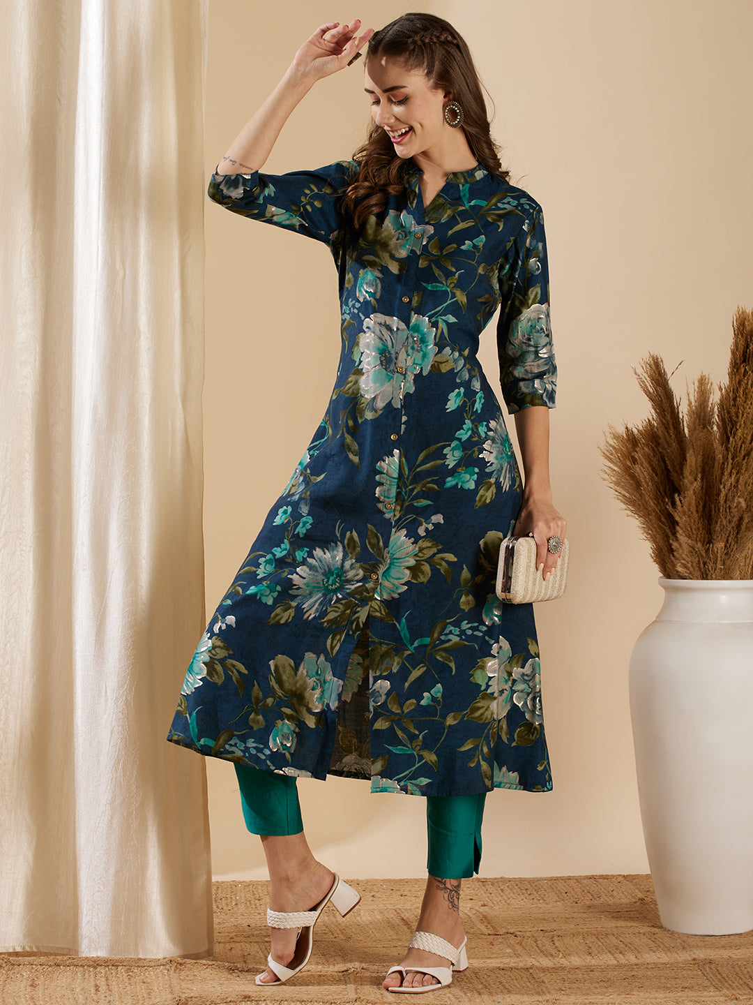 Fashor Floral Foil Printed A-Line Flared Kurta - Teal Blue - view 2