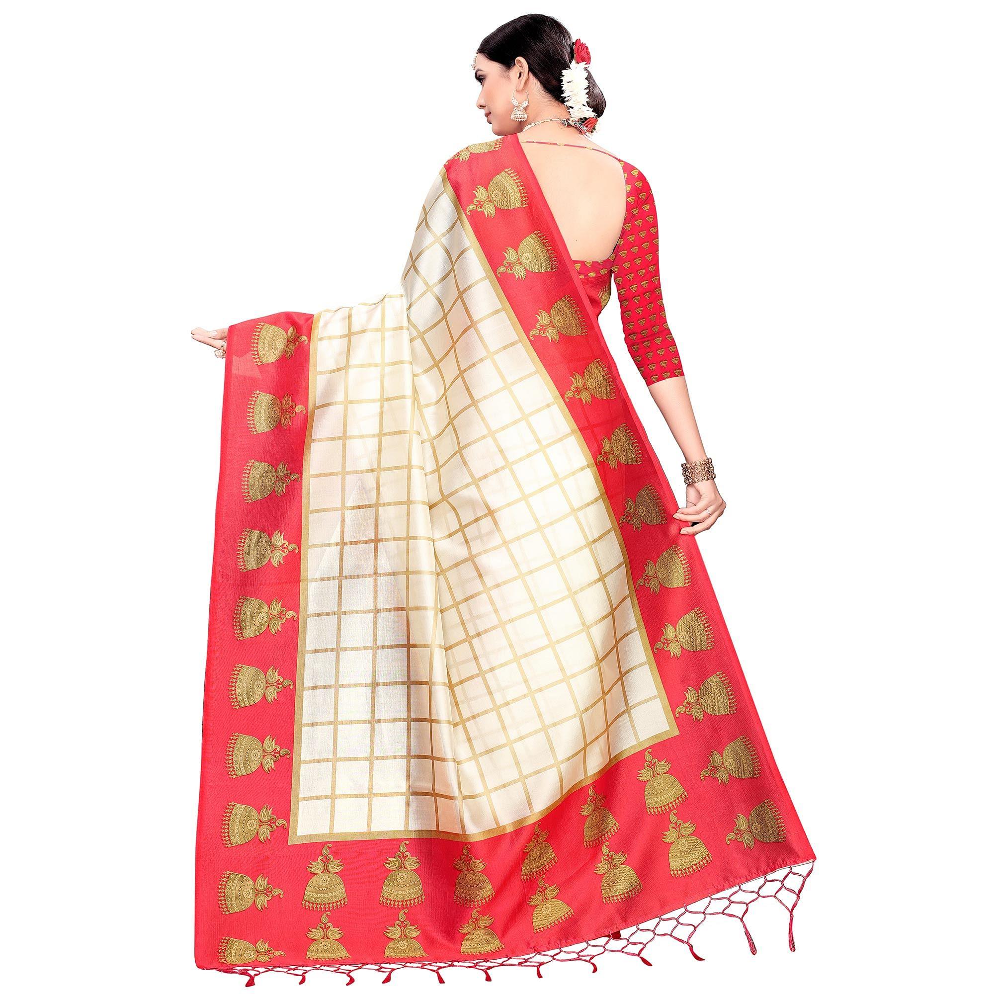 Peachmode Charming Off White-Red Colored Festive Wear Printed Mysore Silk Saree - view 5