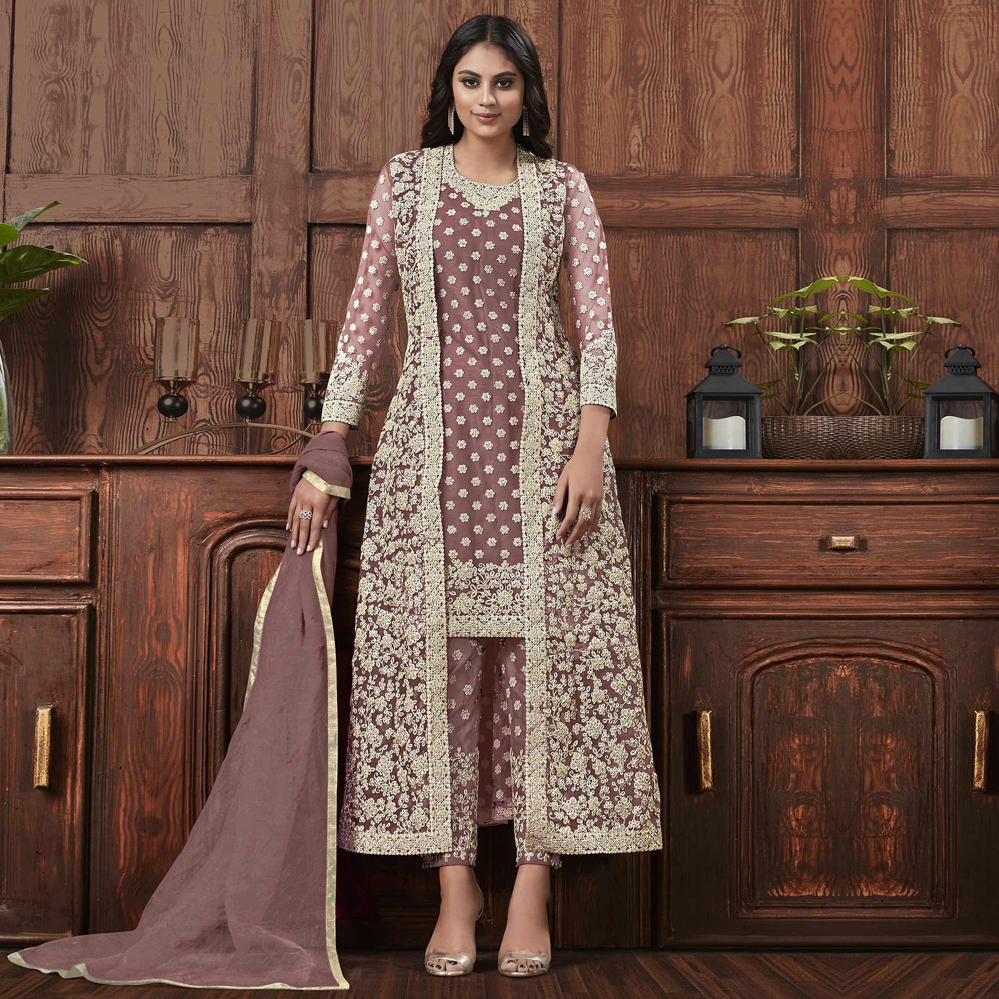Peachmode Classy Beige Coloured Partywear Embroidered Butterfly Net Pakistani Straight Suit