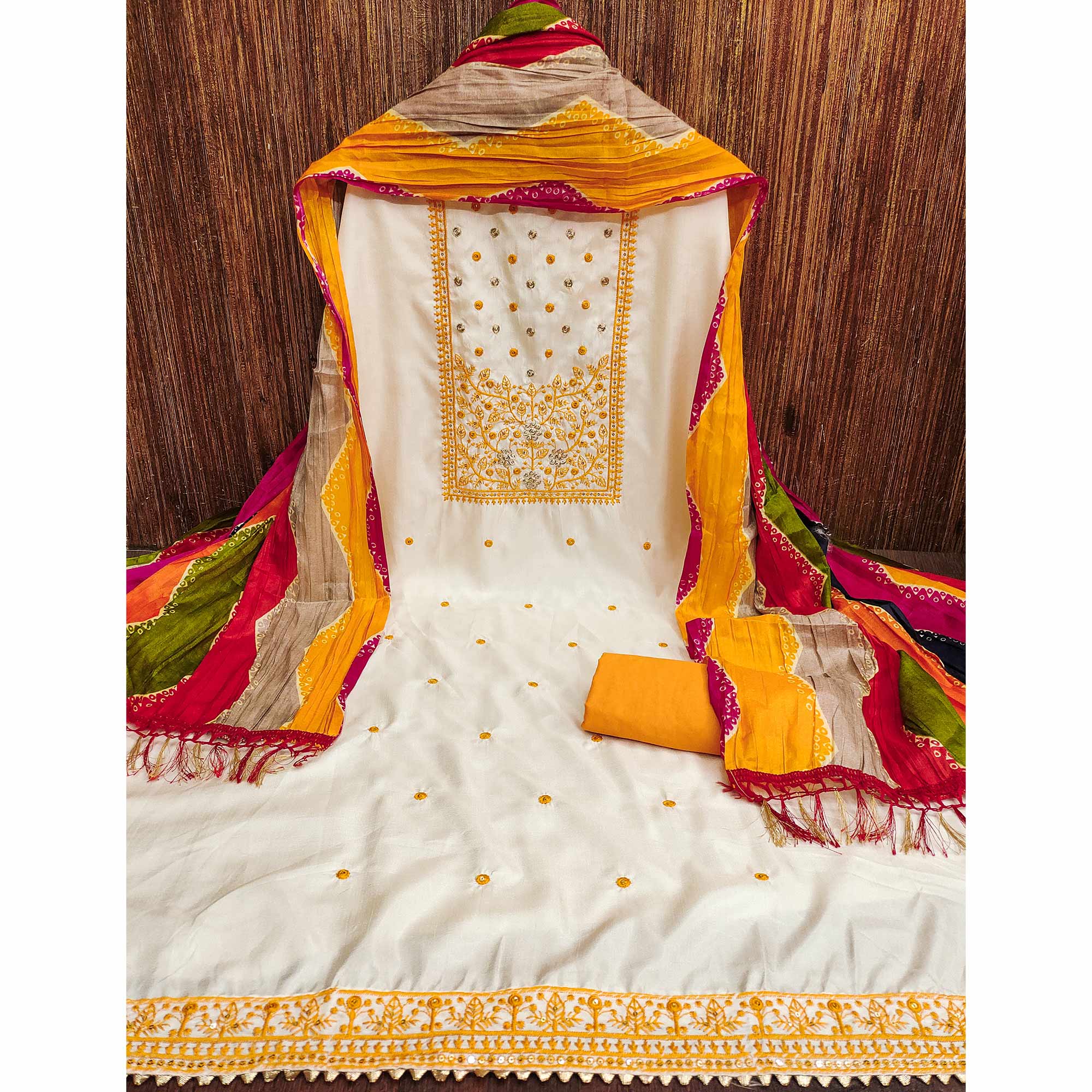 Peachmode Cream & Yellow Floral Sequins Embroidered Cotton Silk Dress Material - view 2