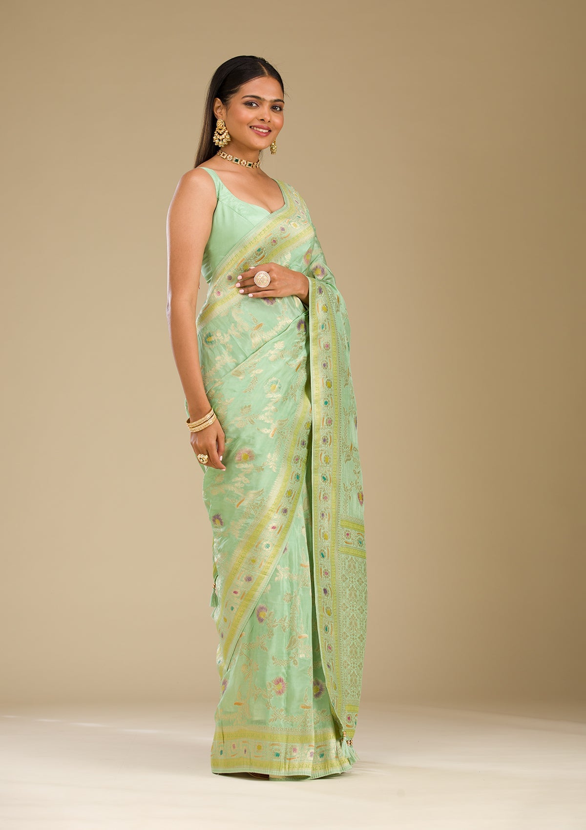 Koskii Pista Green Zariwork Banarasi Silk Saree - view 3