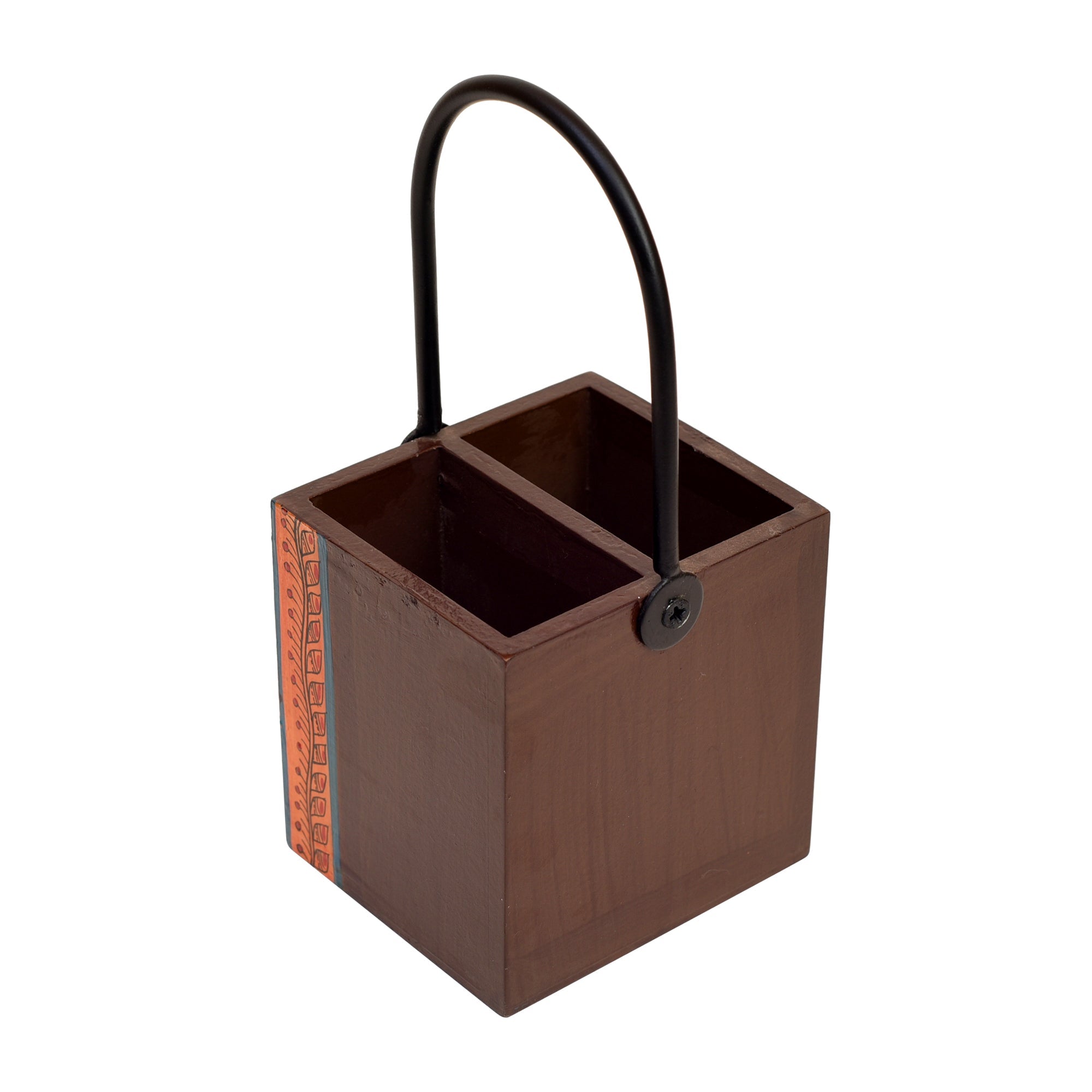 ART CREATIONS BY SUMAN SONTHALIA Brown - Cutlery Stand with Floral Patterns Handcrafted in Wood with Iron Handle (4x4x8.5) - view 5