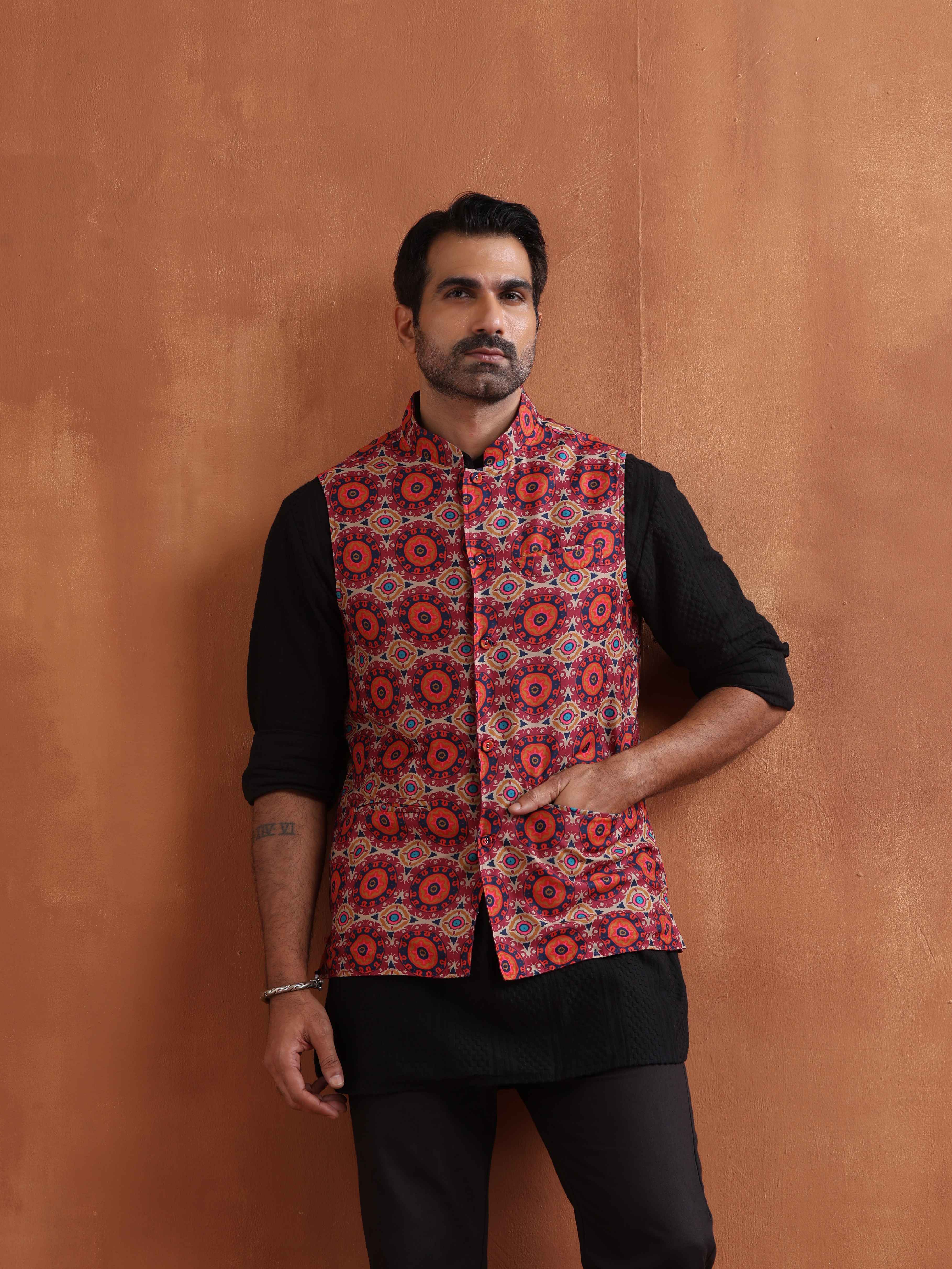 trueBrowns Men's Beige Printed Nehru Jacket - view 3