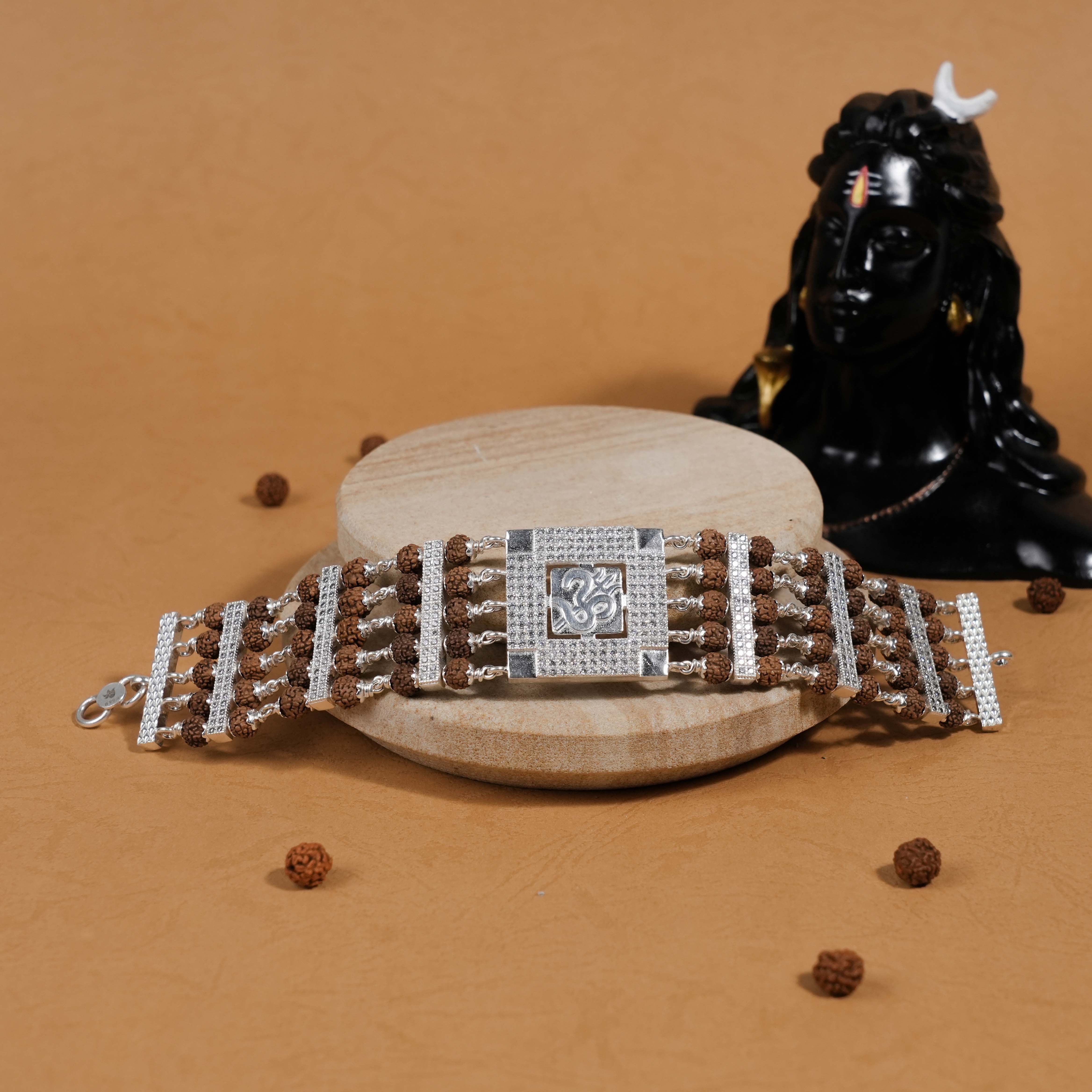 Prinjal Jewellers Rudraksha Silver Om and Trishul Five Lines Bracelet - view 2
