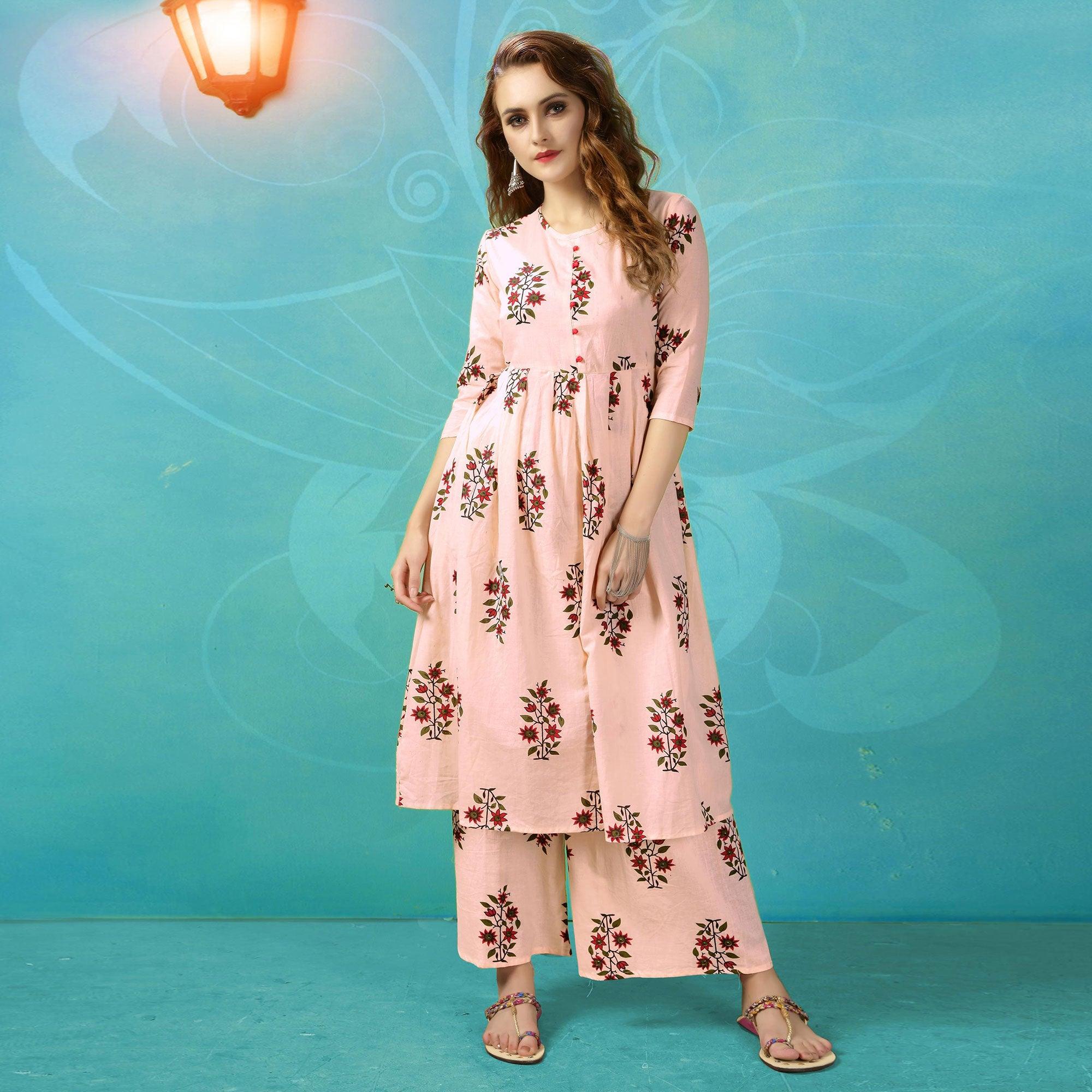 Peachmode Light Pink Printed Pure Cotton Palazzo Suit