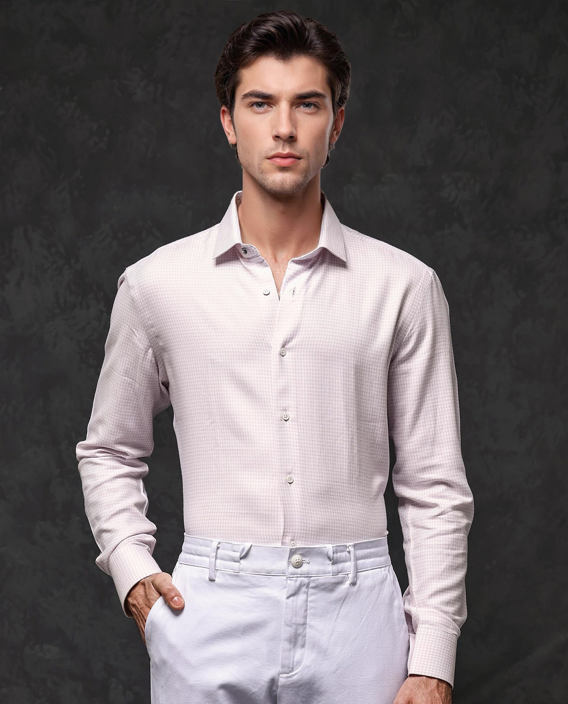 Rare Rabbit Mens Kinate Pastel Pink Full Sleeve Solid Houndstooth Check Shirt