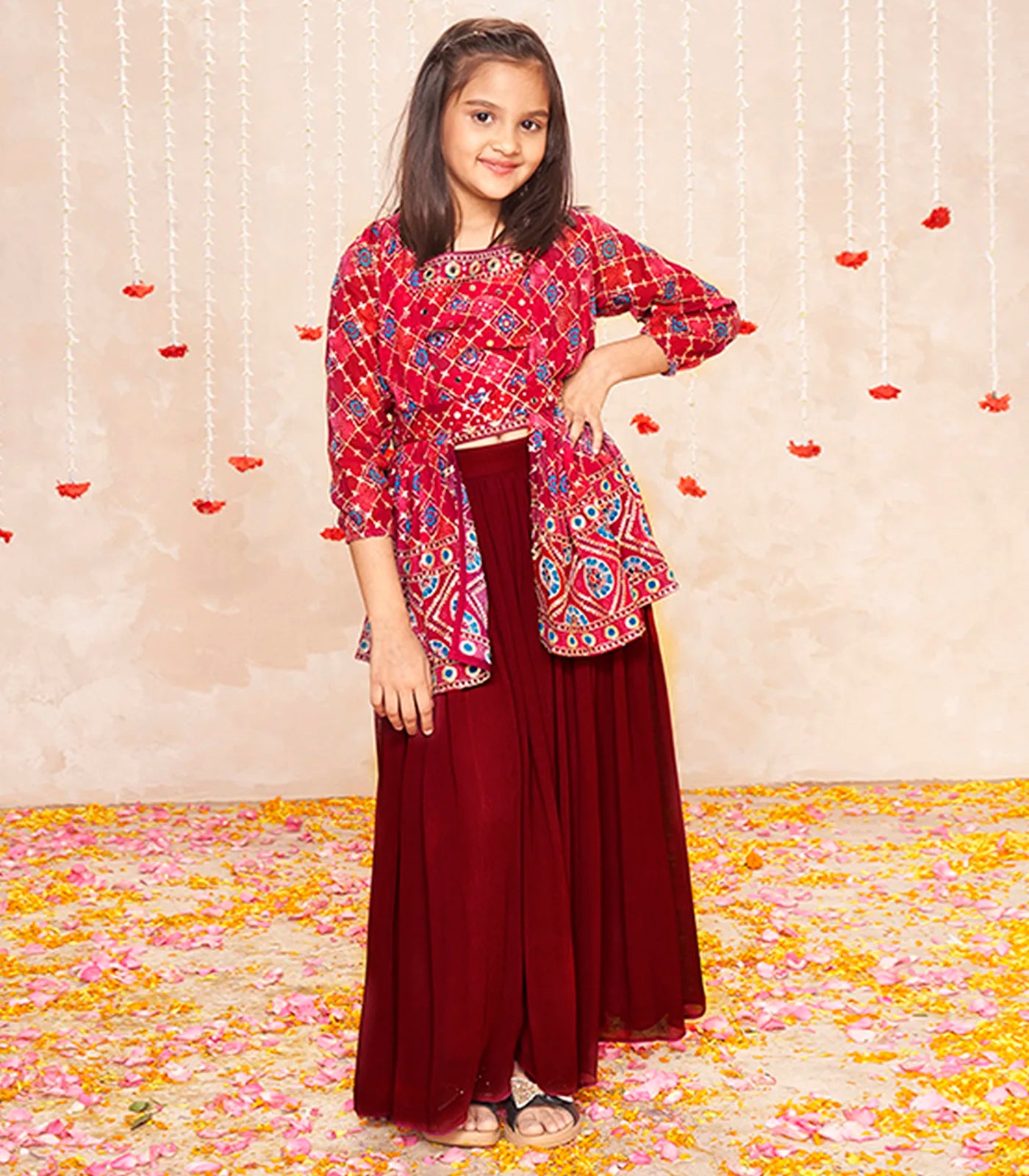 RmKV Deep red sequin embroidered skirt and jacket set -Red - view 2