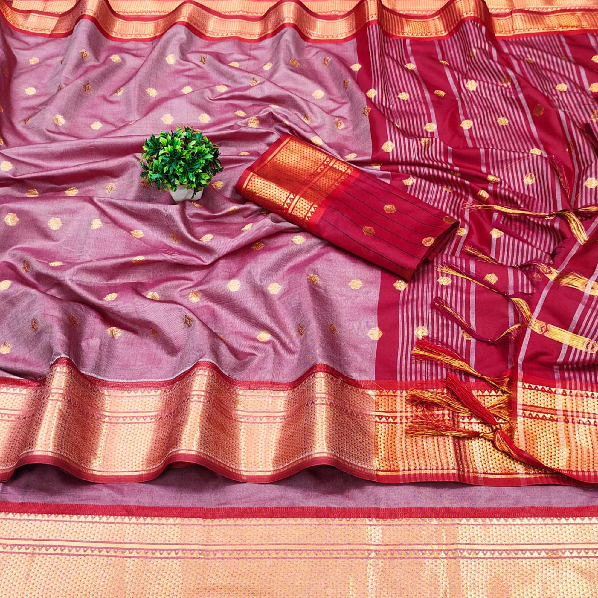 Peachmode Pink Zari Woven Lichi Art Silk Saree With Tassels - view 4