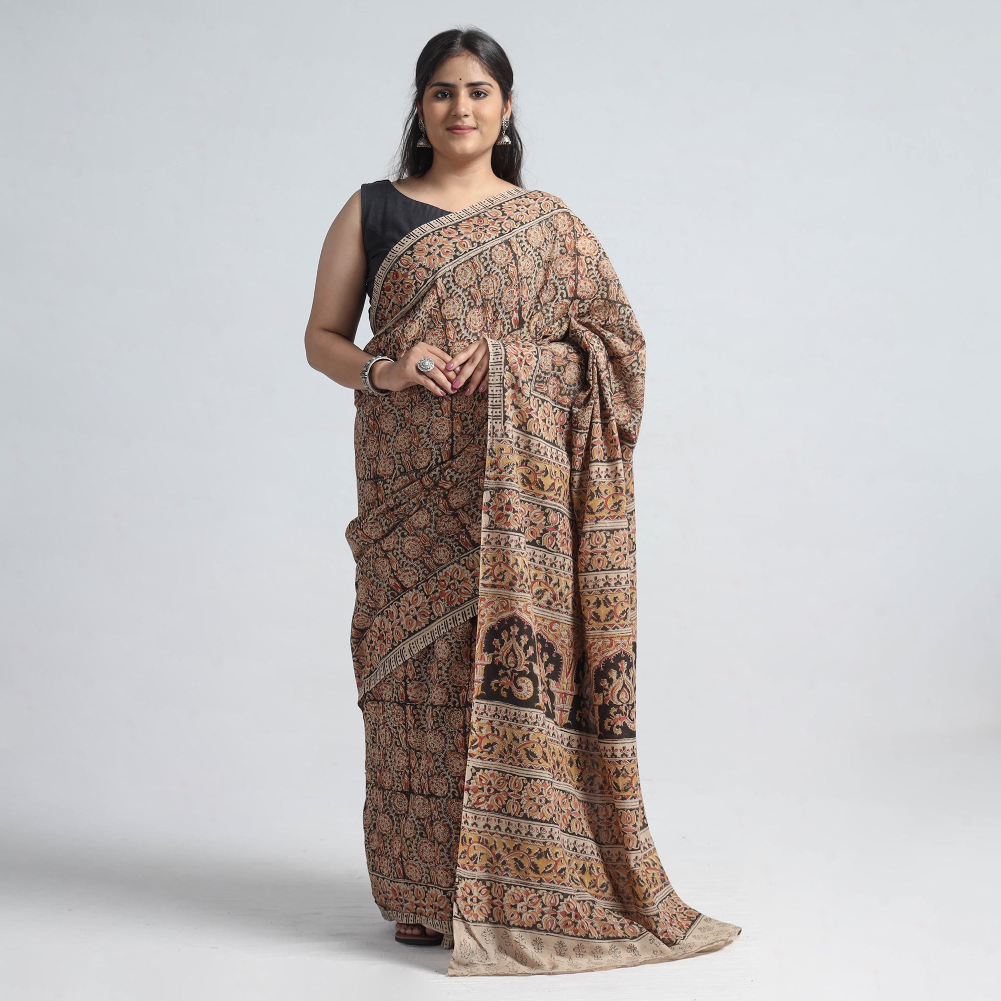 VENKATA BHANU KALAMKARI PEDANA Brown - Pedana Block Print Cotton Kalamkari Saree