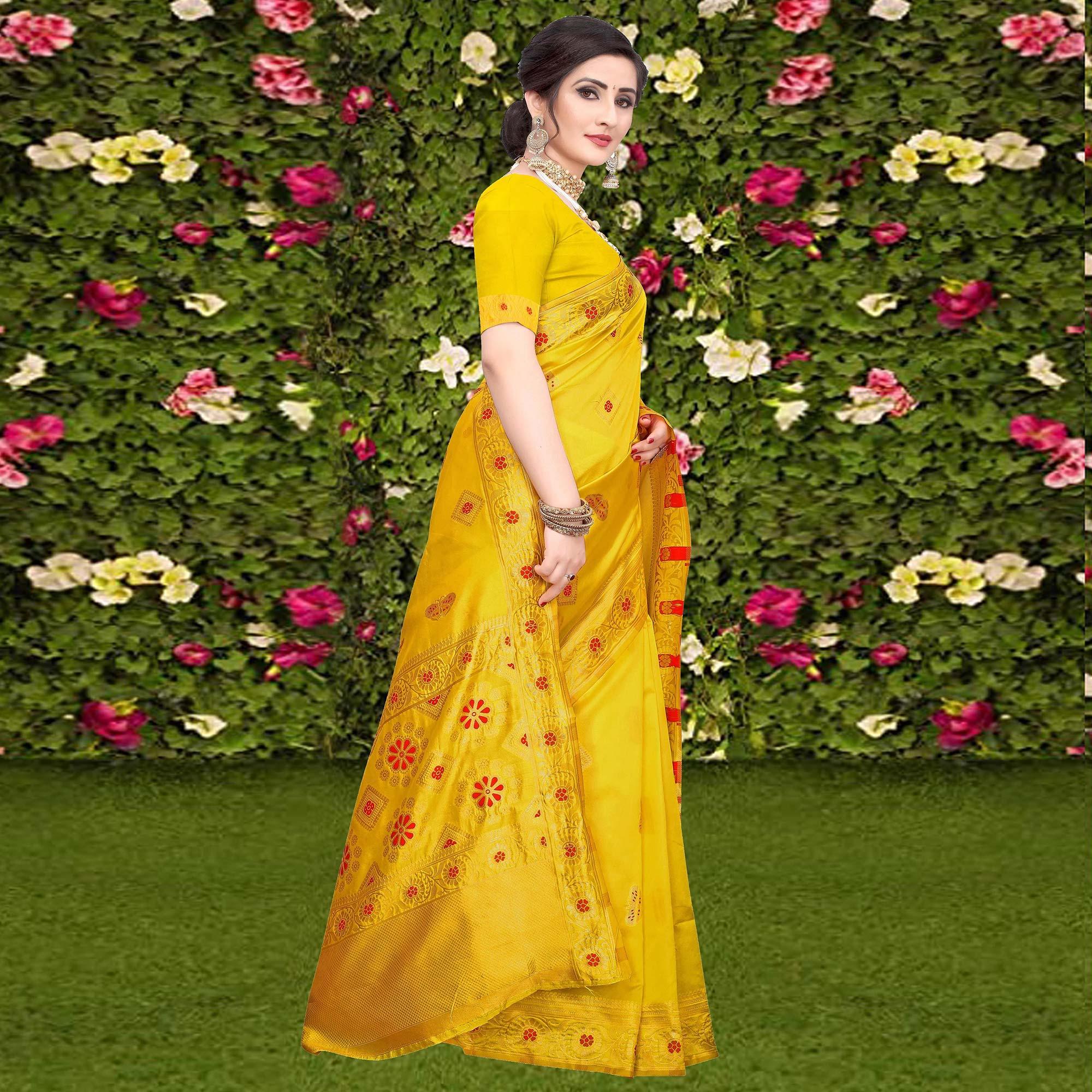 Peachmode Demanding Yellow Colored Festive Wear Woven Banarasi Silk Saree