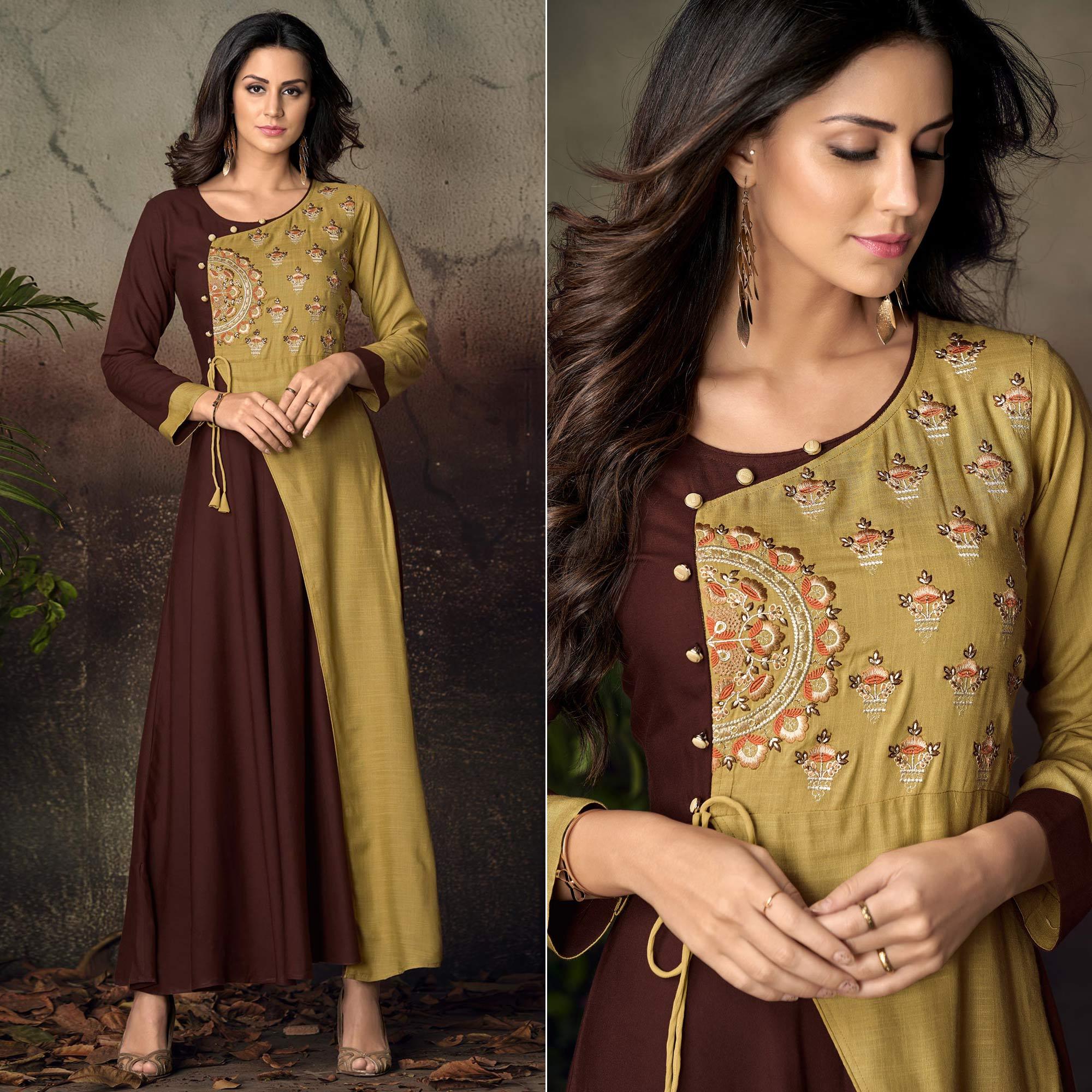 Peachmode Seller Brown-Green Floral Embroidered Rayon Kurti