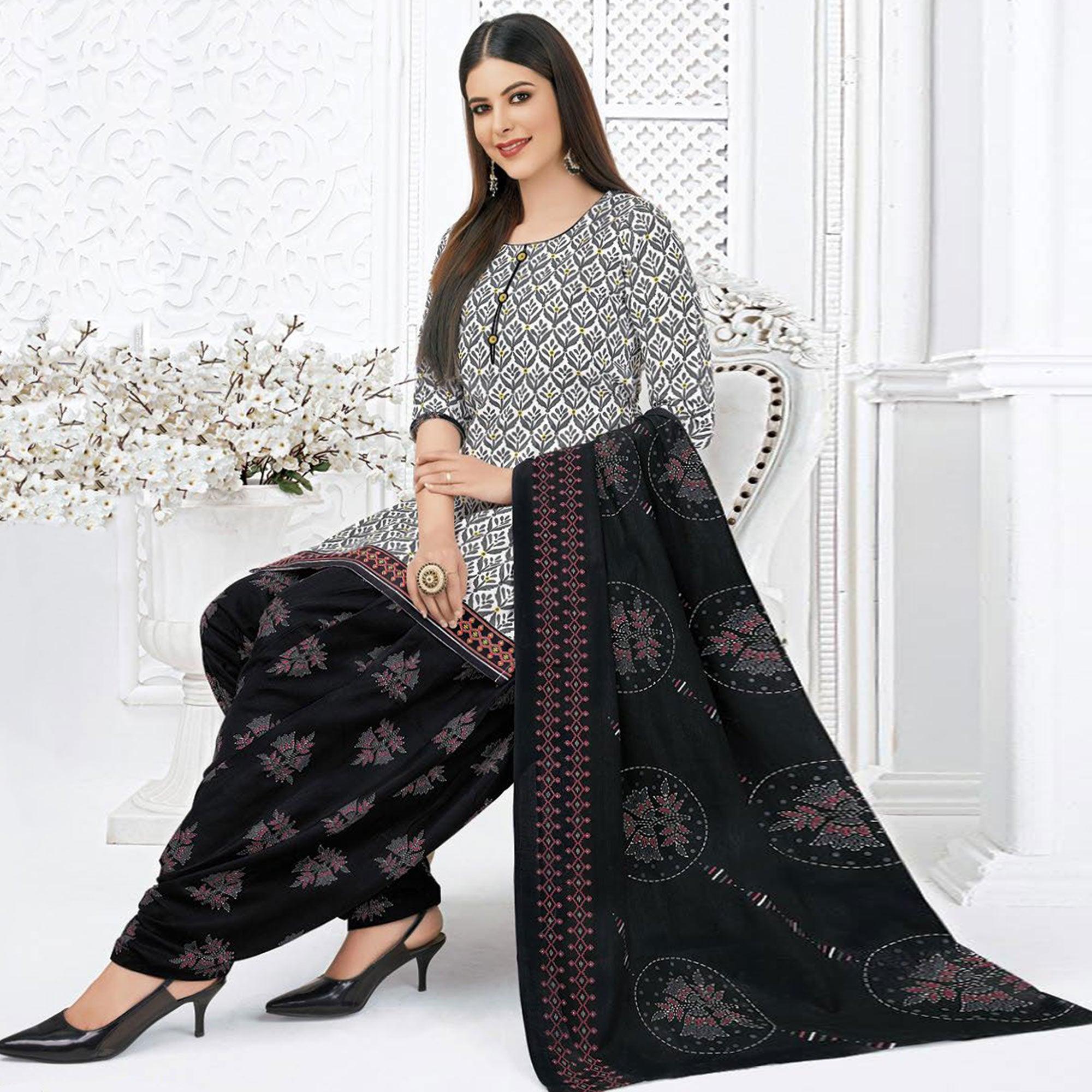 Peachmode Grey Printed Pure Cotton Stitched Patiala Suit