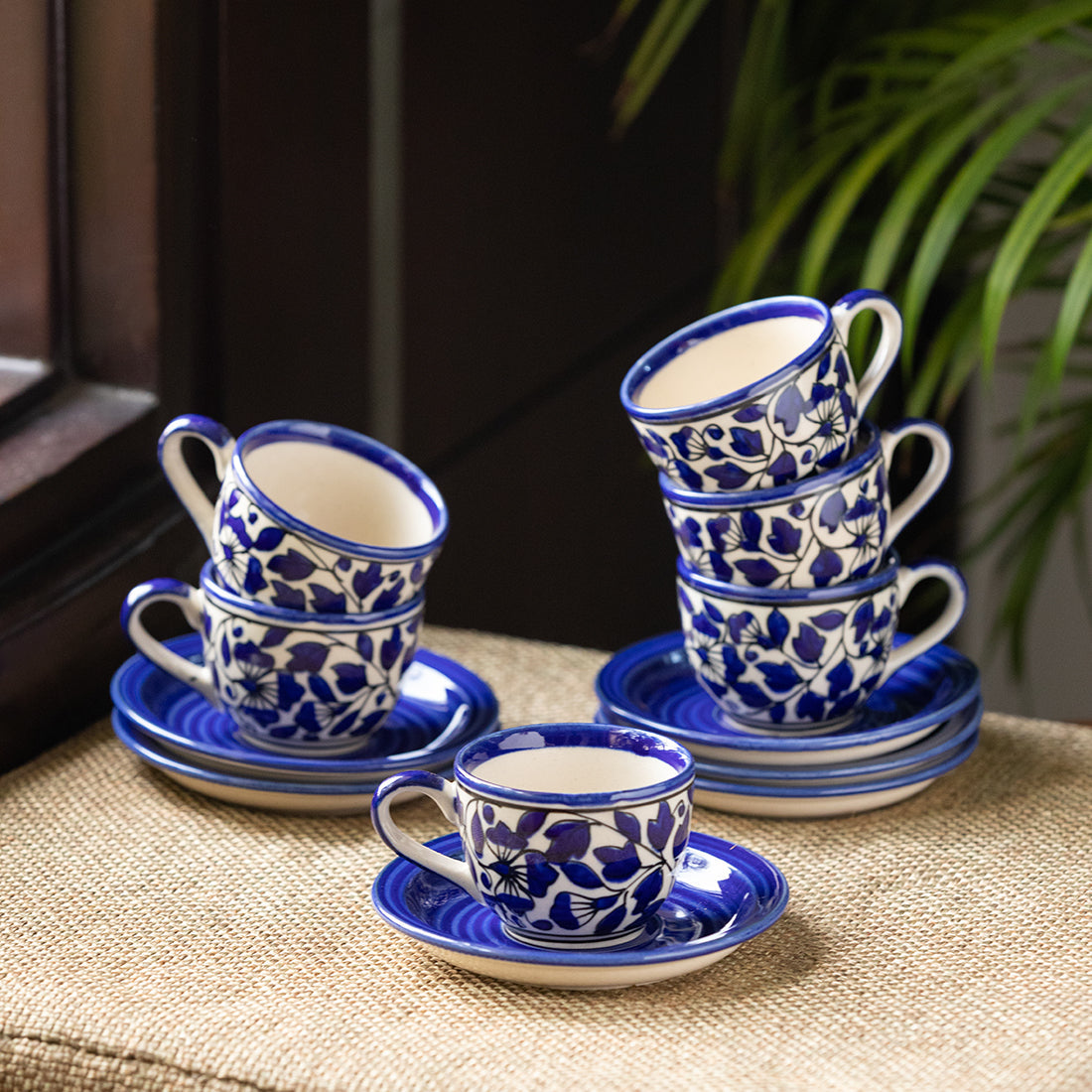 EXCLUSIVELANE 'Badamwari Bagheecha-2' Handpainted Ceramic Tea Cups & Saucers Set (Set of 6, 120 ML, Microwave Safe)