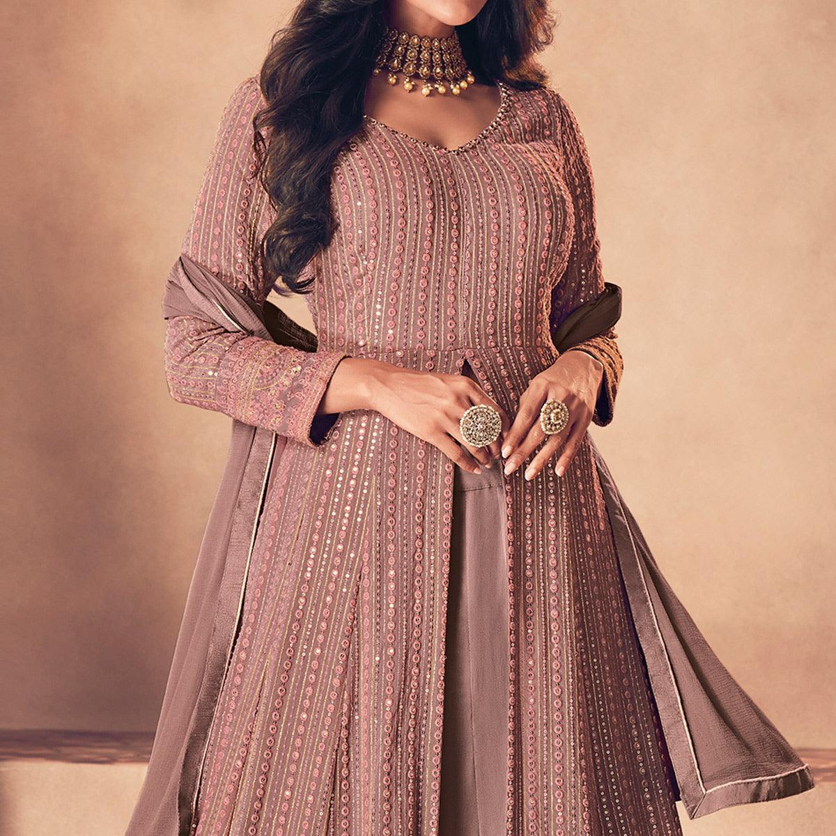 Peachmode Brown Partywear Embroidered Georgette Top Skirt Set - view 3