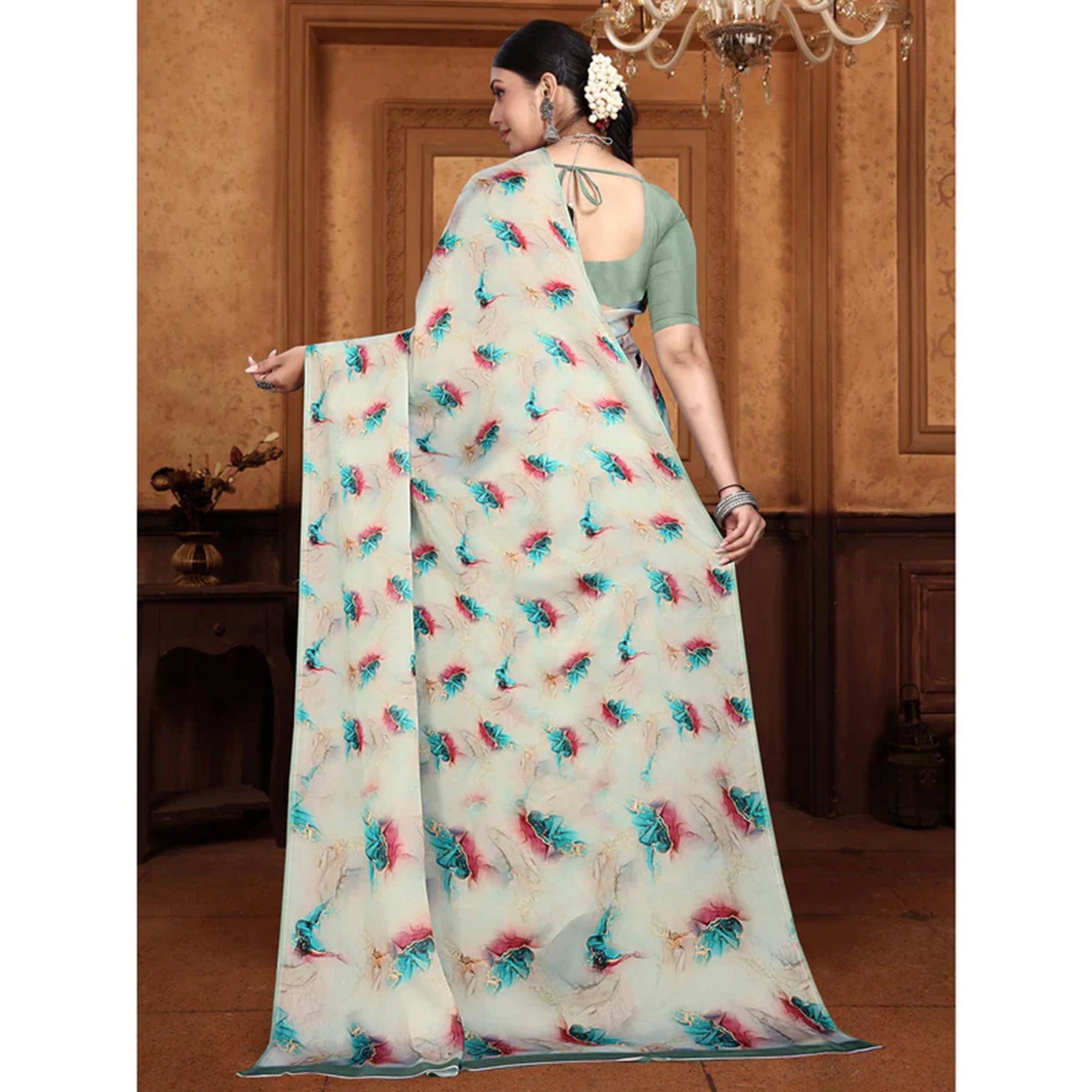 Peachmode Cream Digital Printed Georgette Saree - view 7