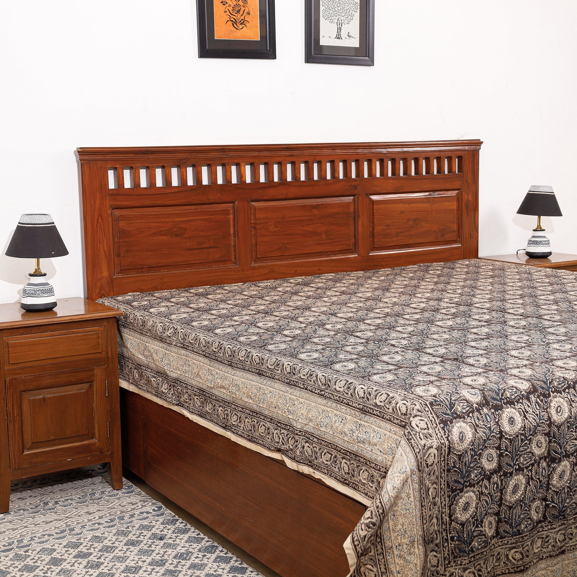 PITCHUKA SRINIVAS KALAMKARI PEDANA Black - Pedana Kalamkari Block Printing Cotton Double Bed Cover (111 x 94 in)
