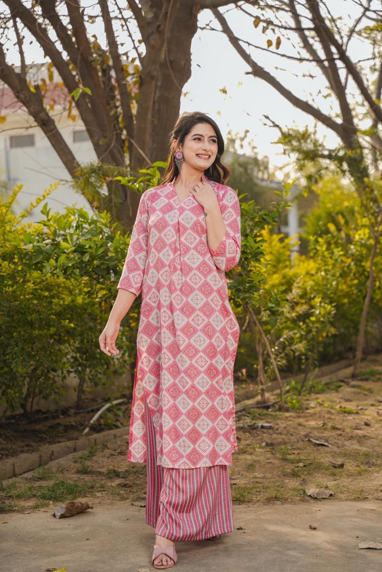 Idaho-o Carnation Pink Kurta-palazzo Set - view 2