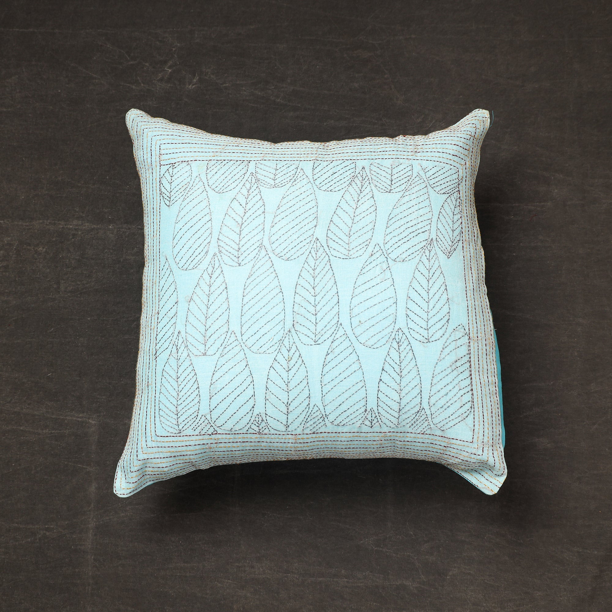 KHUSHBASH - HAPPY LOOM OF EAST Blue - Bengal Kantha Embroidery Cotton Cushion Cover (17 x 17 in) 11