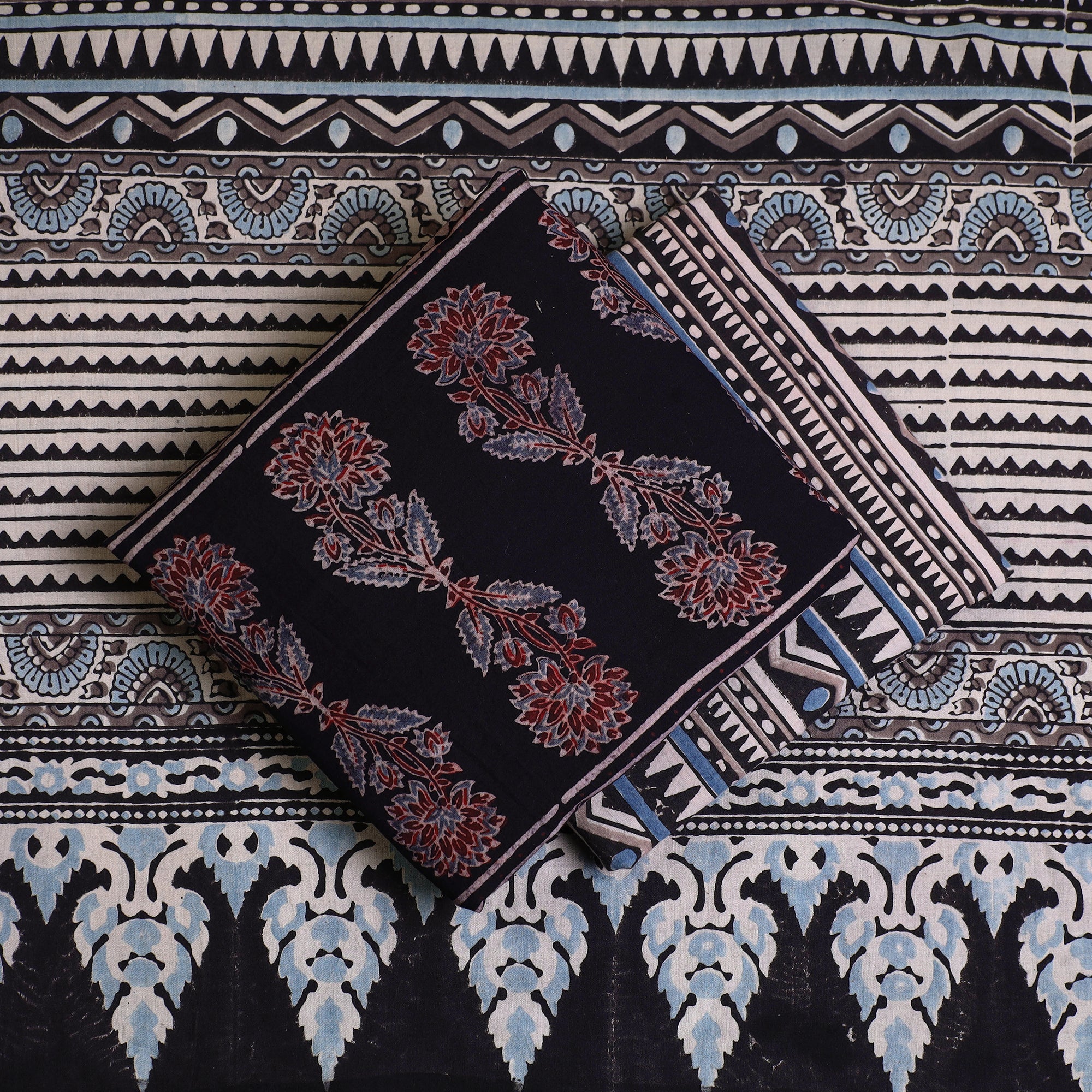 AJRAKH BY JABBAR KHATRI Black - Kutch Block Print Cotton 3pc Ajrakh Dress Material 10 - view 2