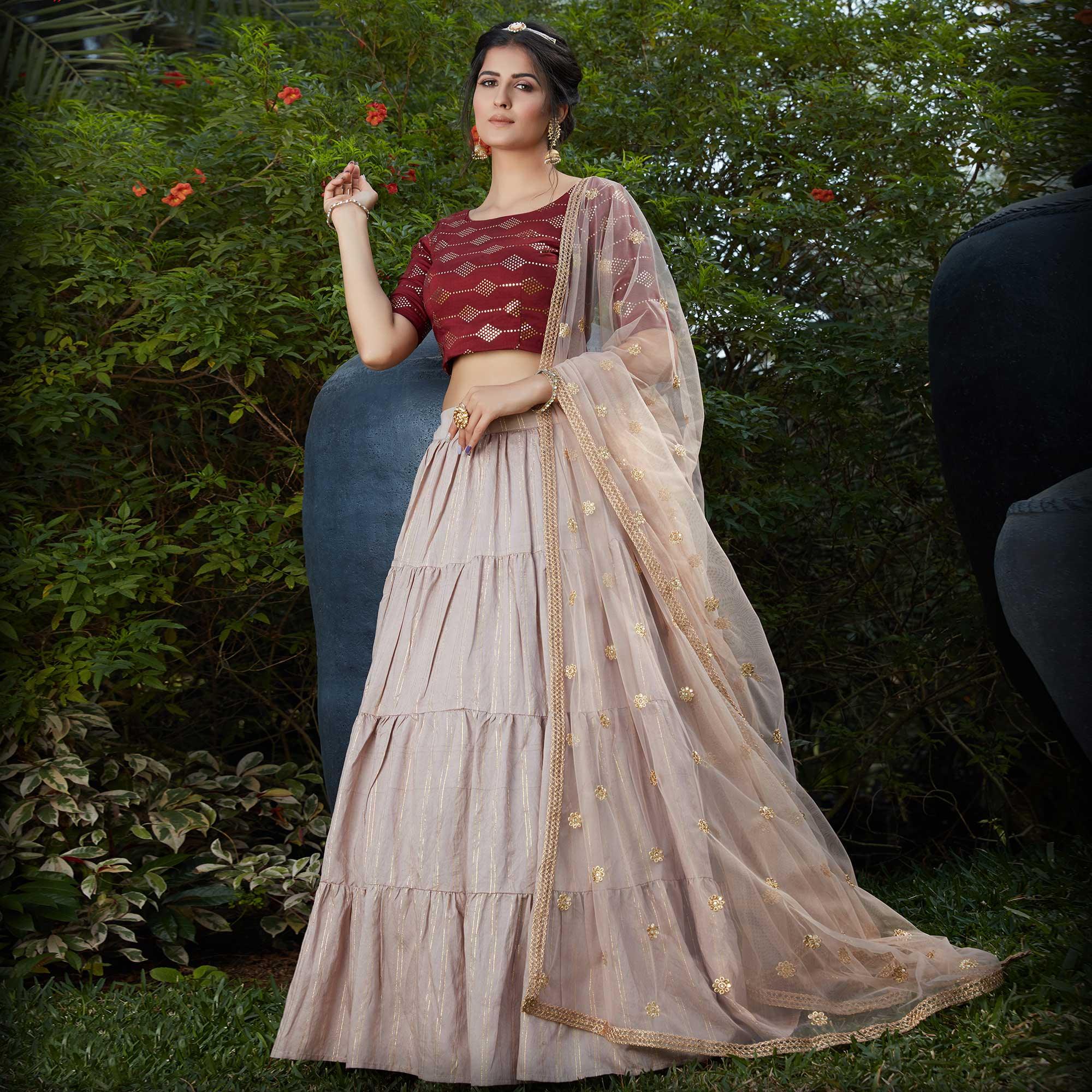 Peachmode Flamboyant Dusty Maroon - Beige Colored Wedding Partywear Foil Work Cotton Lehenga Choli