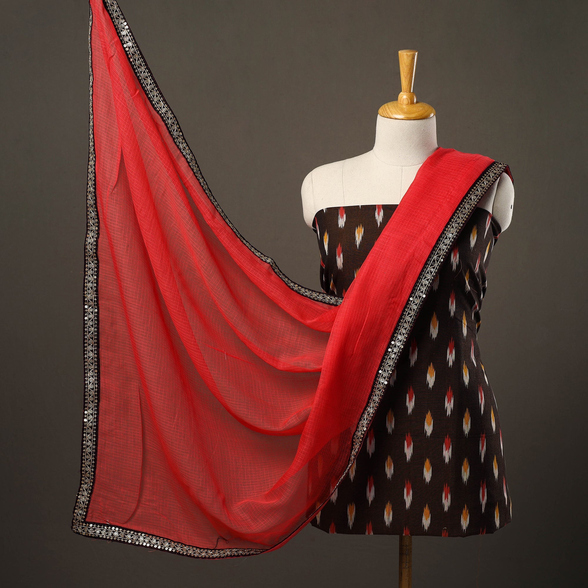 NOORI BAZAR Brown - 3pc Cotton Pochampally Ikat Kurta with Plain Dupatta 13