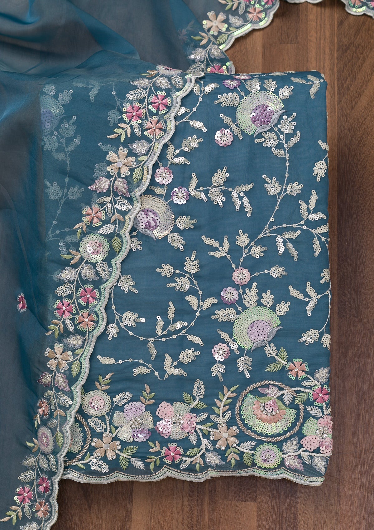 Koskii Peacock Blue Threadwork Tissue Unstitched Salwar Suit - view 5