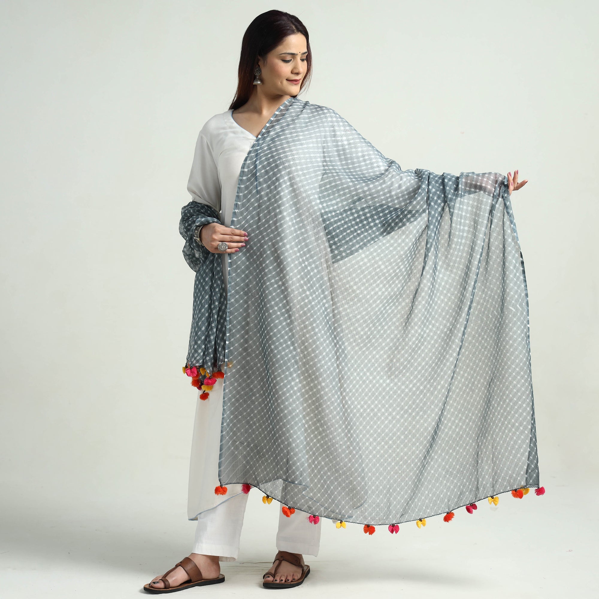 LEHARIYA BY BADSHAH MIYAN Grey - Leheriya Tie-Dye Mothra Kota Doria Cotton Dupatta with Tassels 28