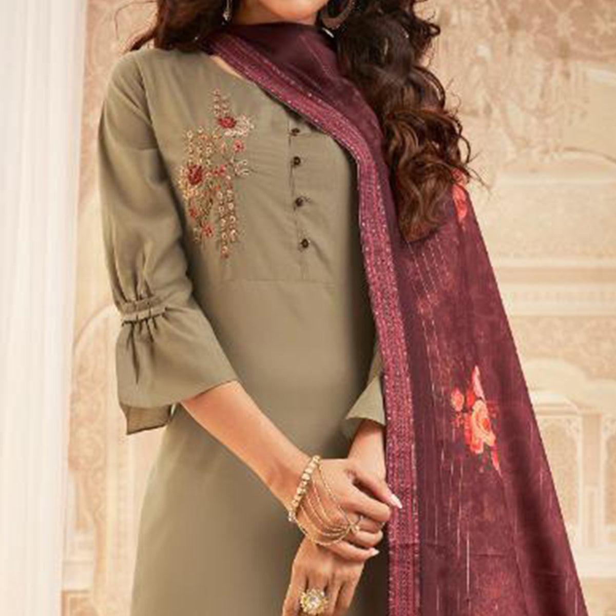 Peachmode Seller Demanding Beige Colored Partywear Embroidered Heavy Muslin Salwar Suit - view 2