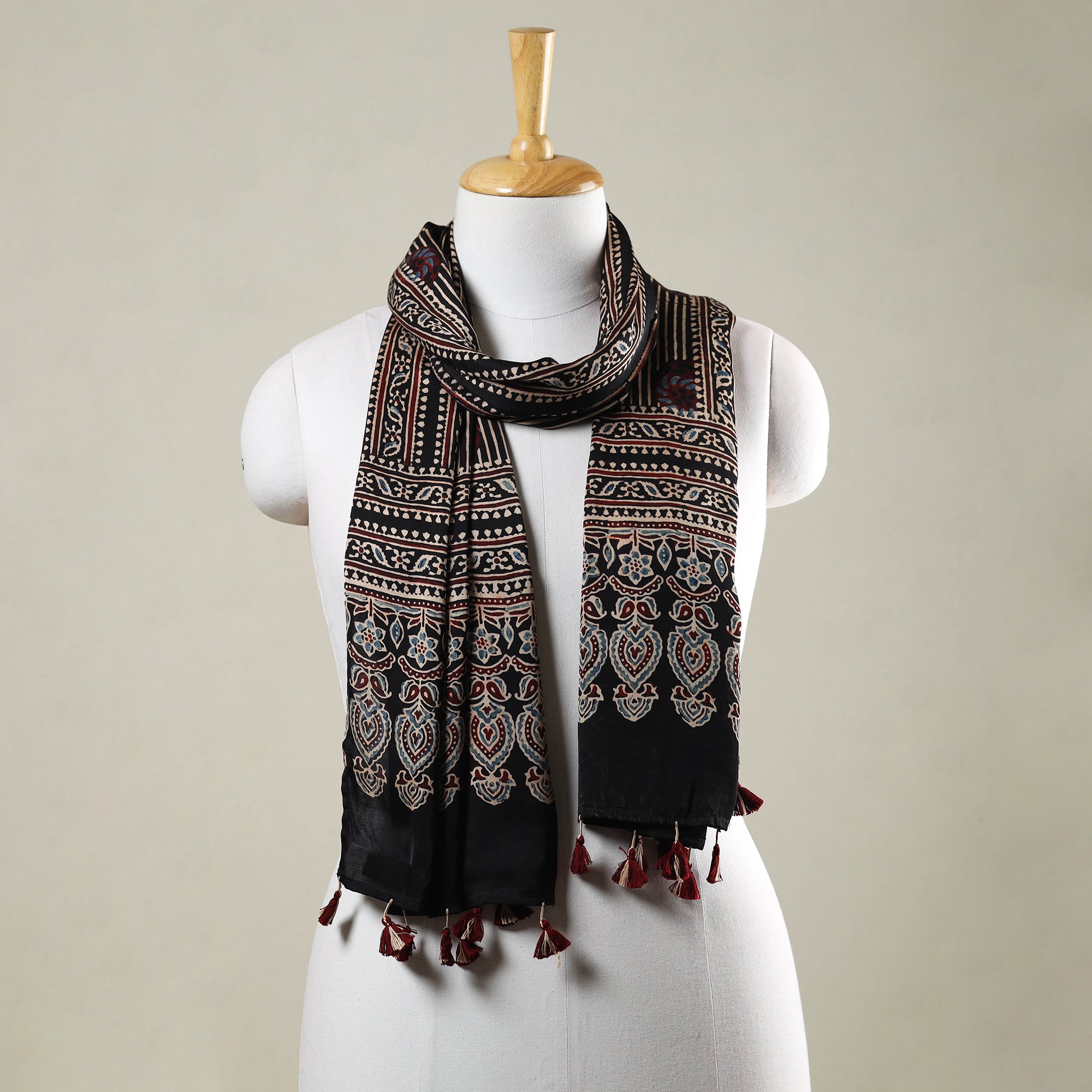 RIYAZ ABDULMAJID KHATRI - AJRAKH Black - Ajrakh Hand Block Printed Modal Silk Stole with Tassels