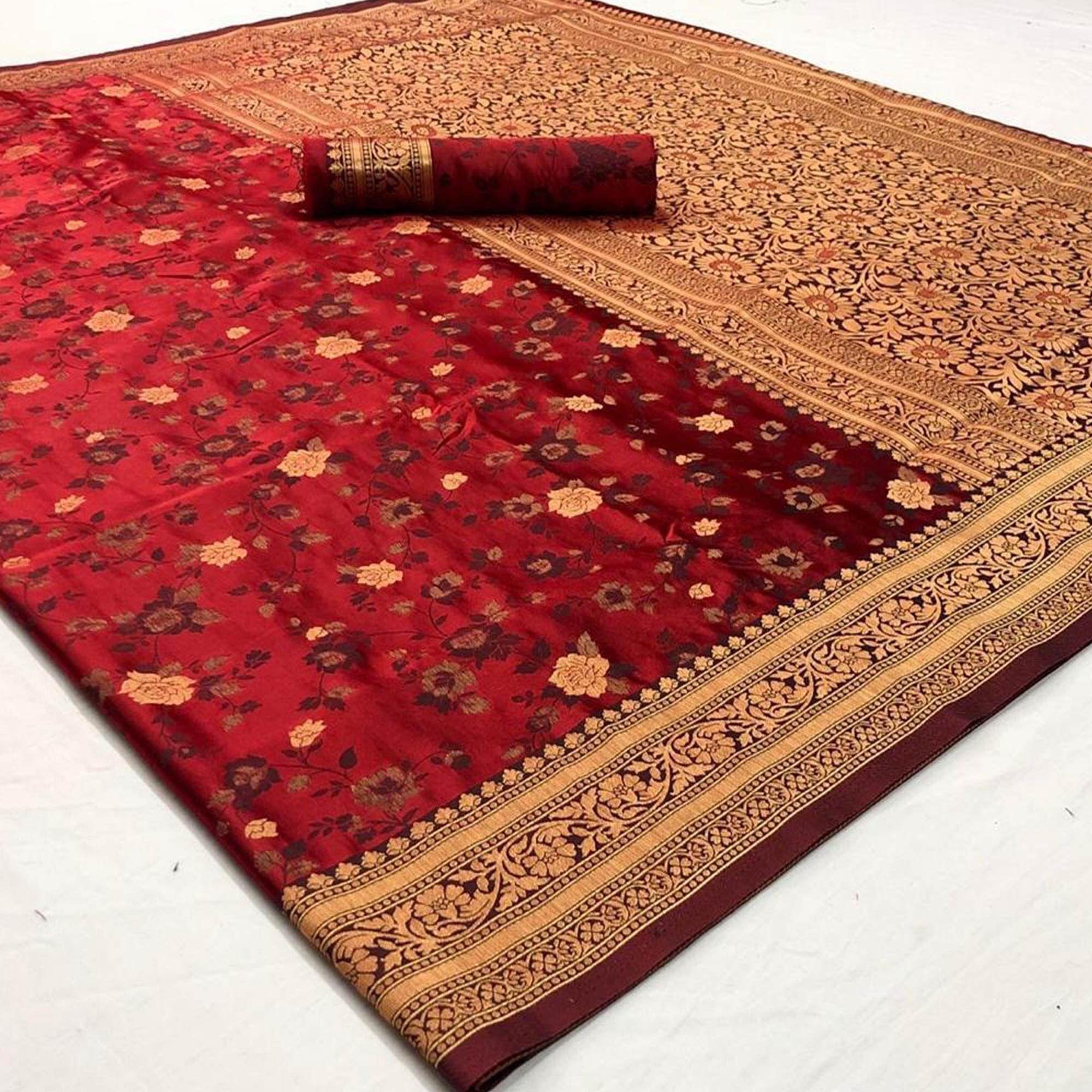 Peachmode Eye-catching Maroon Coloured Partywear Printed Silk Saree
