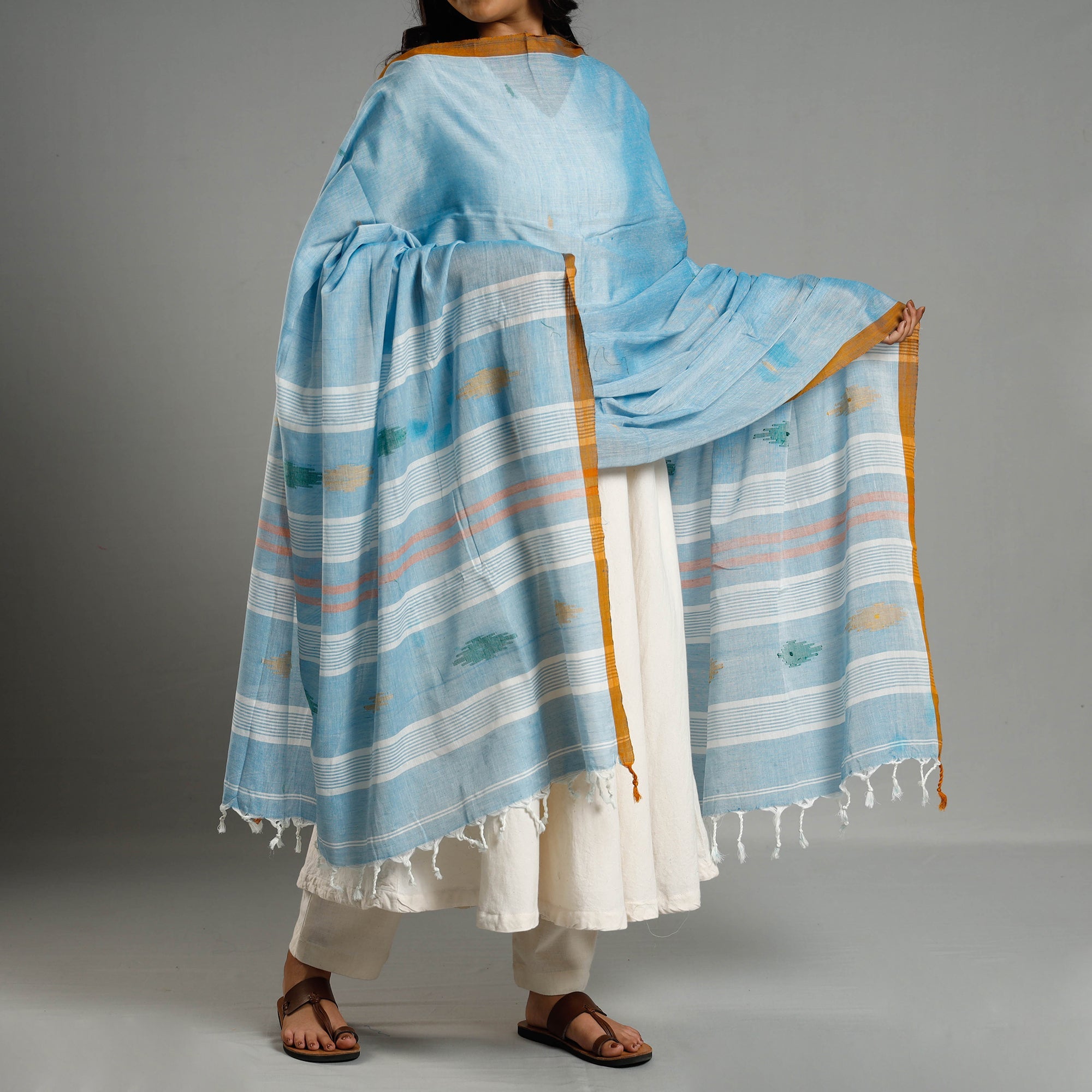 WEAVE INDIA BY SHEIKH MOIDUN NILUFAR Blue - Assam Weave Handloom Cotton Thread Buti Dupatta with Tassels
