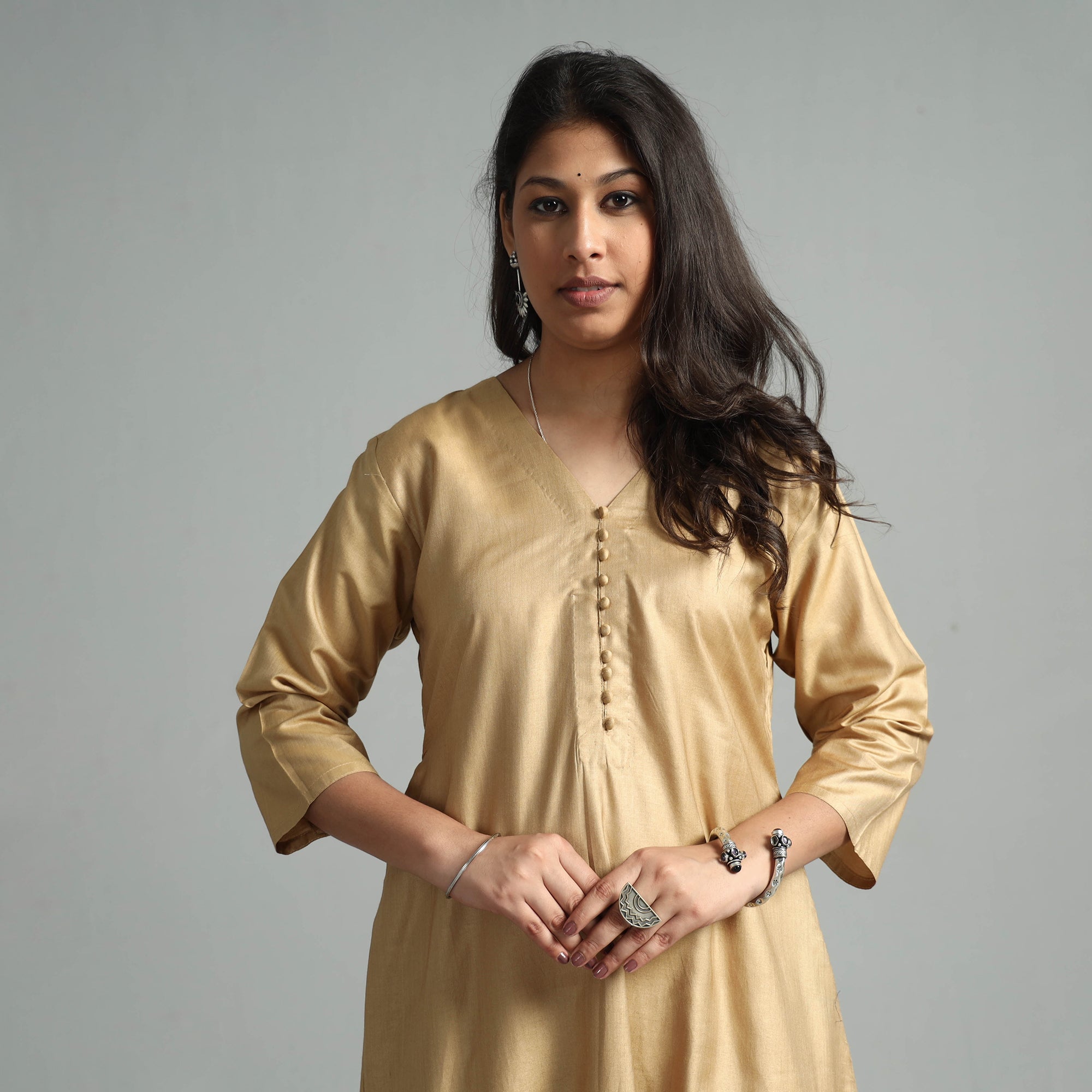 ITOKRI CASUALS Beige - Ochre Tussar Silk Plain Kurta