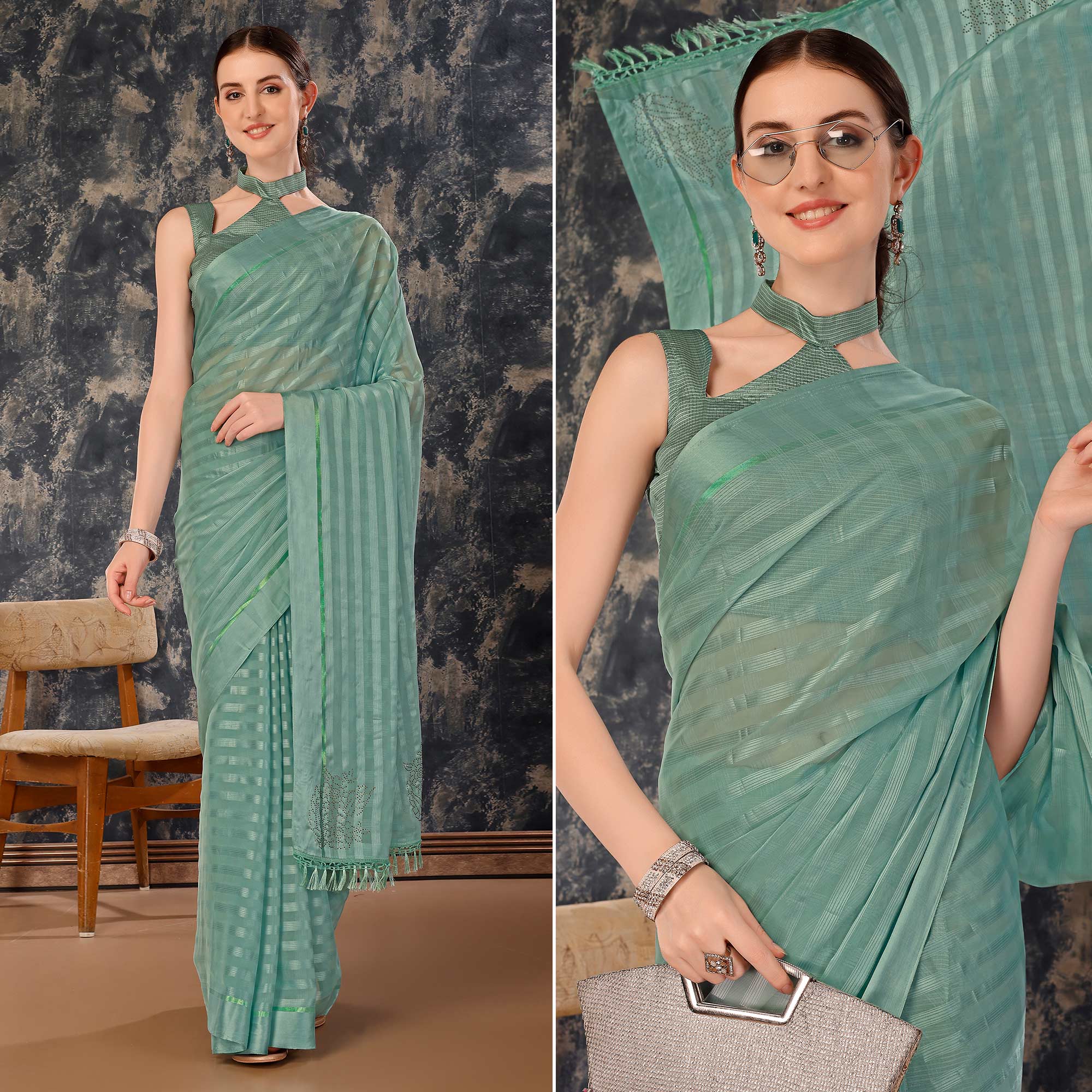 Peachmode Dusty Green Swarovski Work Chiffon Saree With Tassels