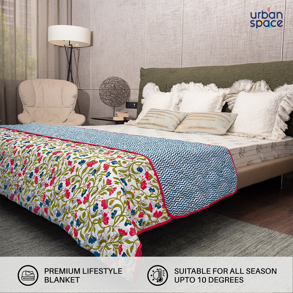 Urban Space -Home Furnishing Store Microfiber 120 GSM All Season AC Blanket / Dohar for bedroom - Kashmir - Pink & Blue