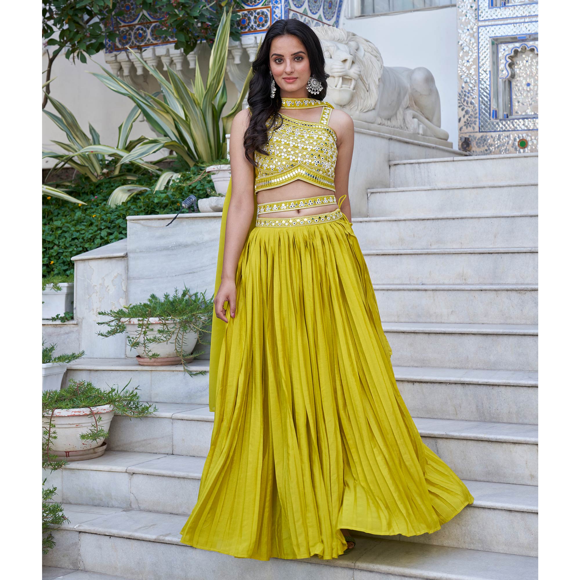 Peachmode Seller Lemon Green Embroidered Chiffon Plated Lehenga Choli - view 7