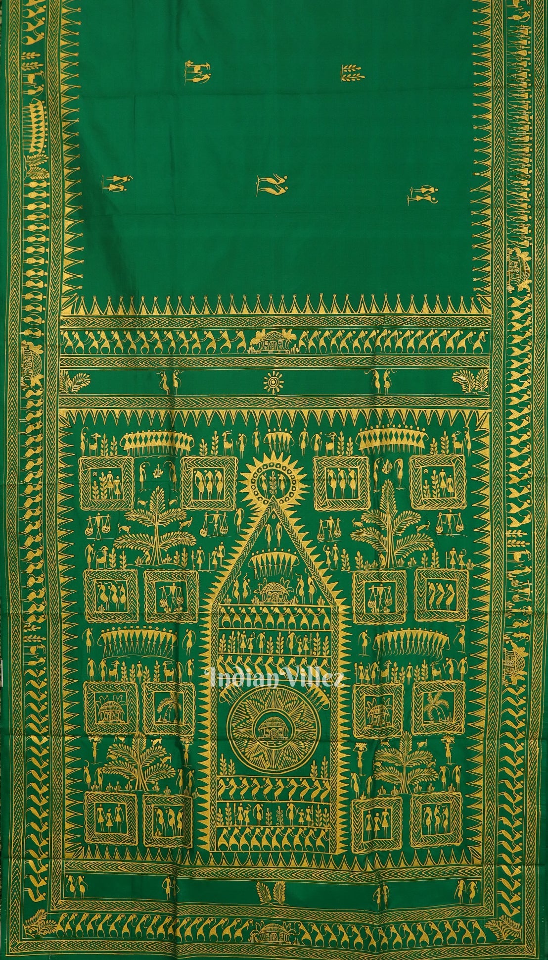 IndianVillèz Green Tribal Theme Hand-Painted Pattachitra Saree